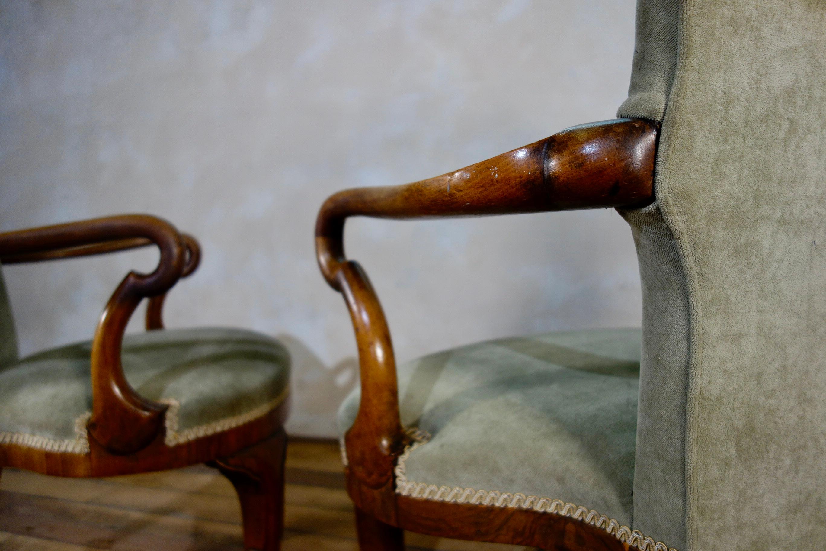 Pair of Grey Upholstered George I Style Walnut Shepherd Crook Armchairs Chair 3