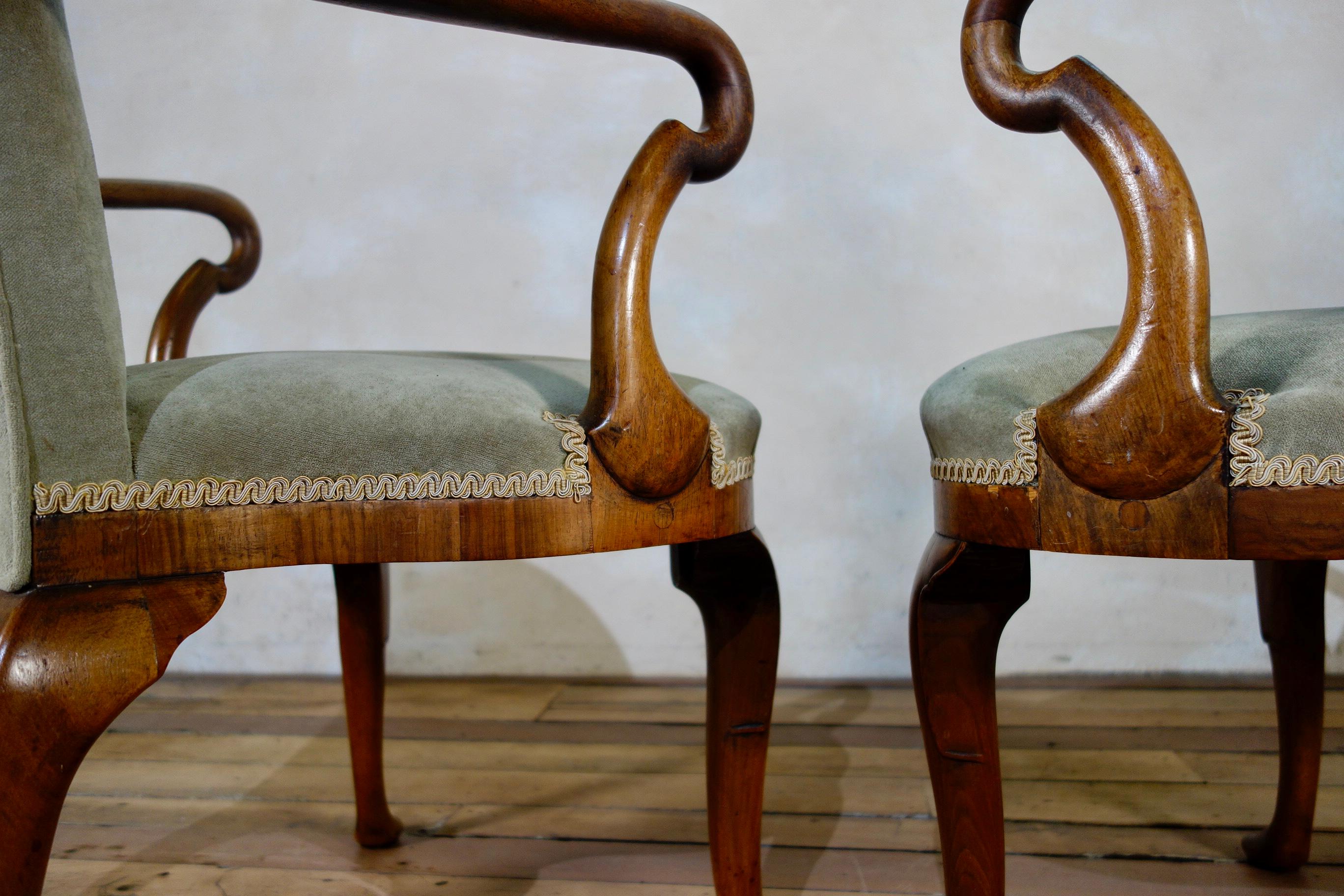 Pair of Grey Upholstered George I Style Walnut Shepherd Crook Armchairs Chair 4