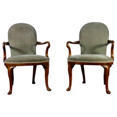 Pair of Grey Upholstered George I Style Walnut Shepherd Crook Armchairs Chair