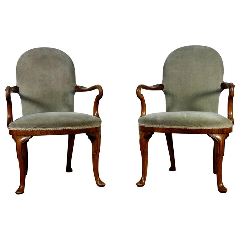 Pair Of Grey Upholstered George I Style Walnut Shepherd Crook Armchairs Chair