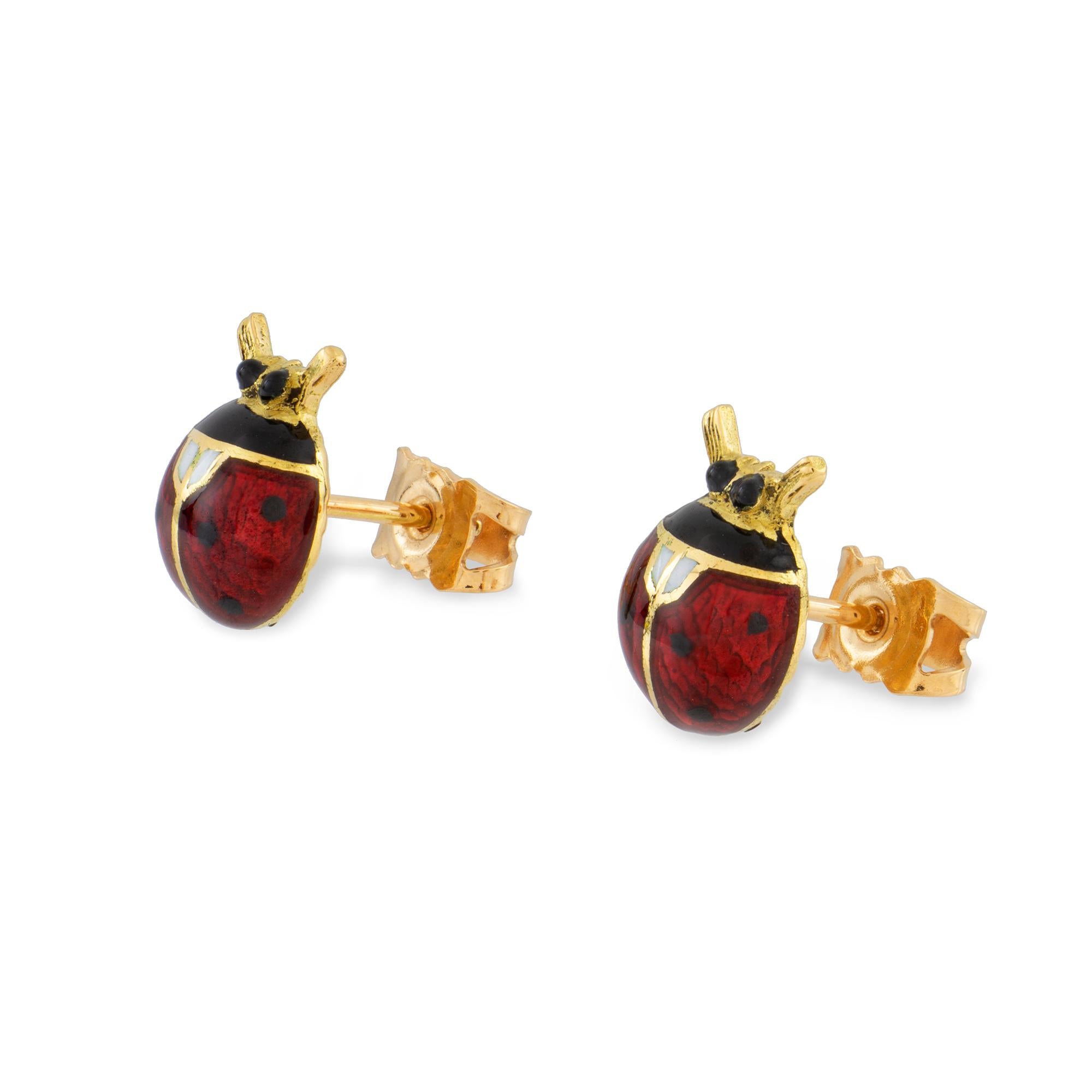 Modern A Pair Of Guilloché Enamel Ladybird Earrings For Sale