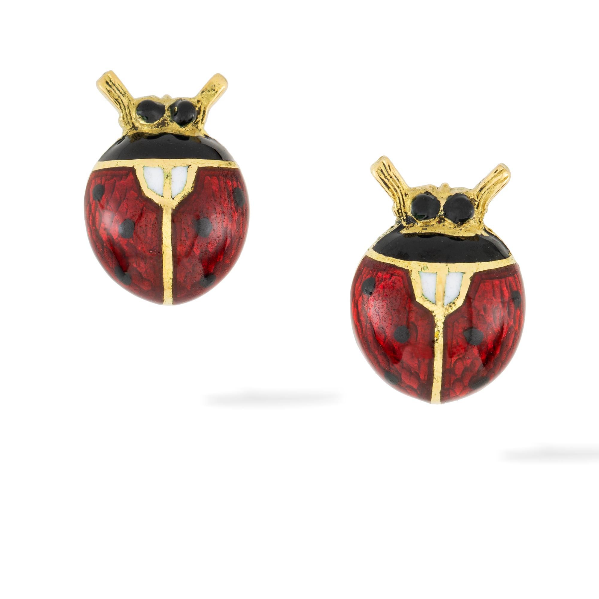 A Pair Of Guilloché Enamel Ladybird Earrings In New Condition For Sale In London, GB