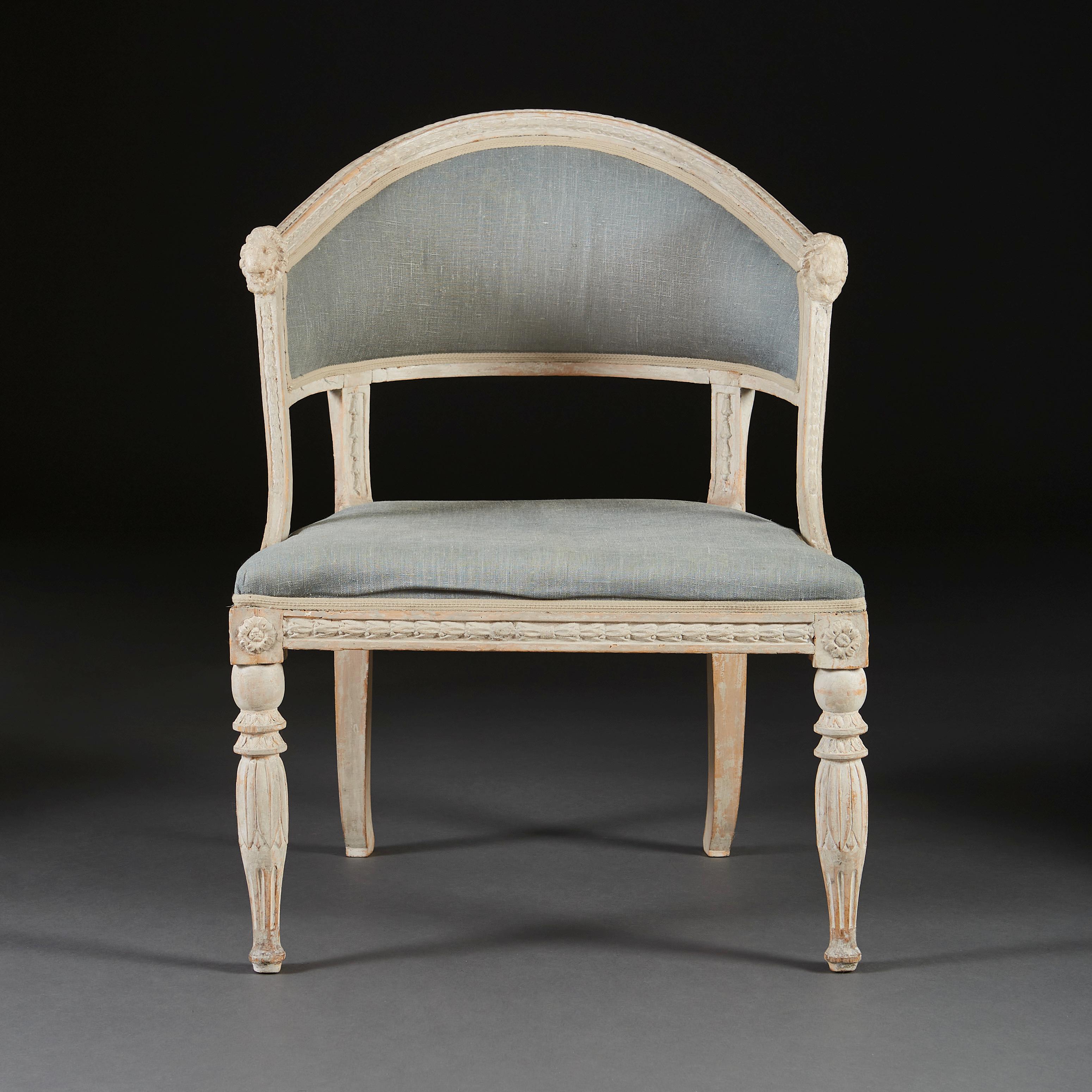 Hand-Carved Pair of Gustavian Swedish Painted Armchairs With Blue Linen Upholstery
