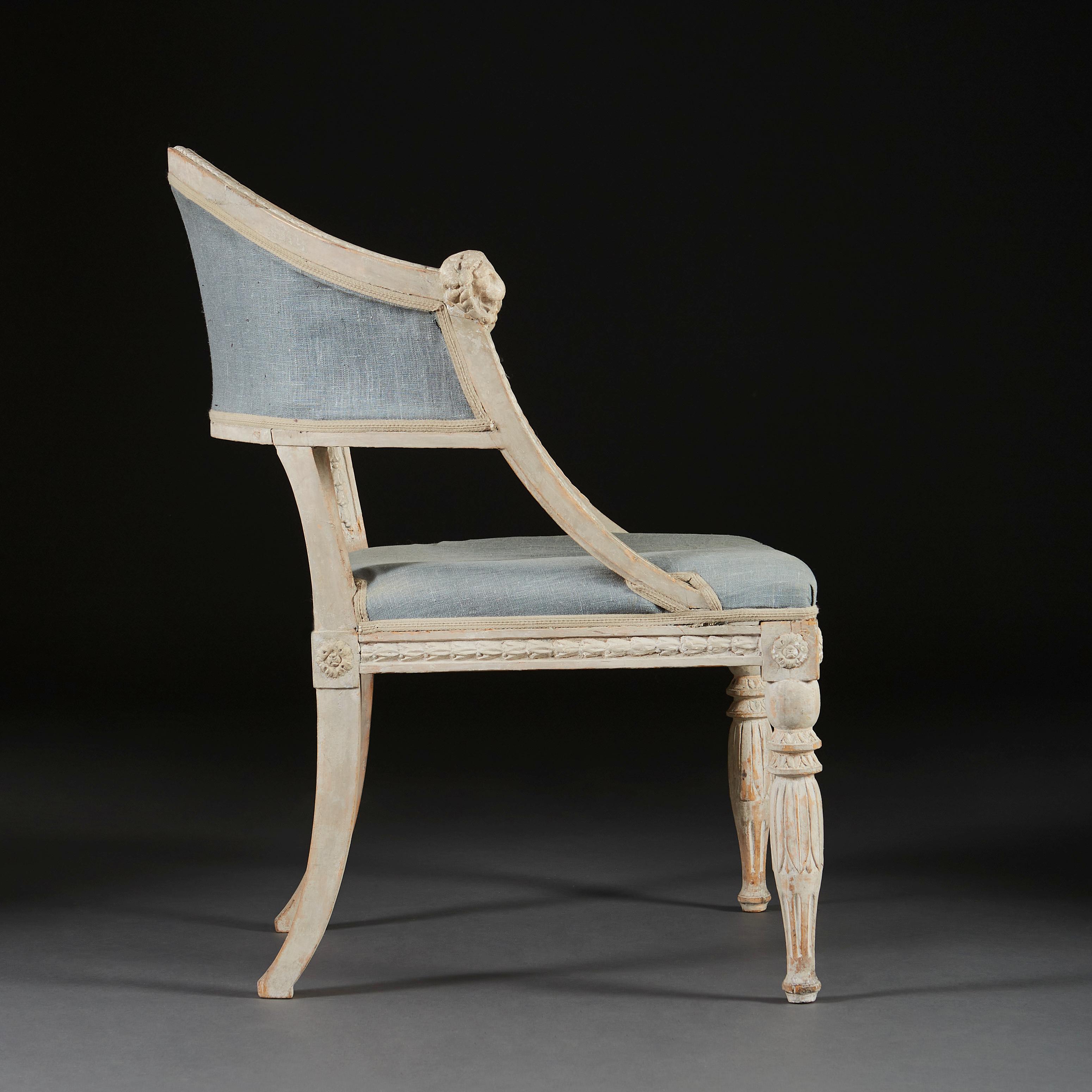 Pair of Gustavian Swedish Painted Armchairs With Blue Linen Upholstery In Good Condition In London, GB
