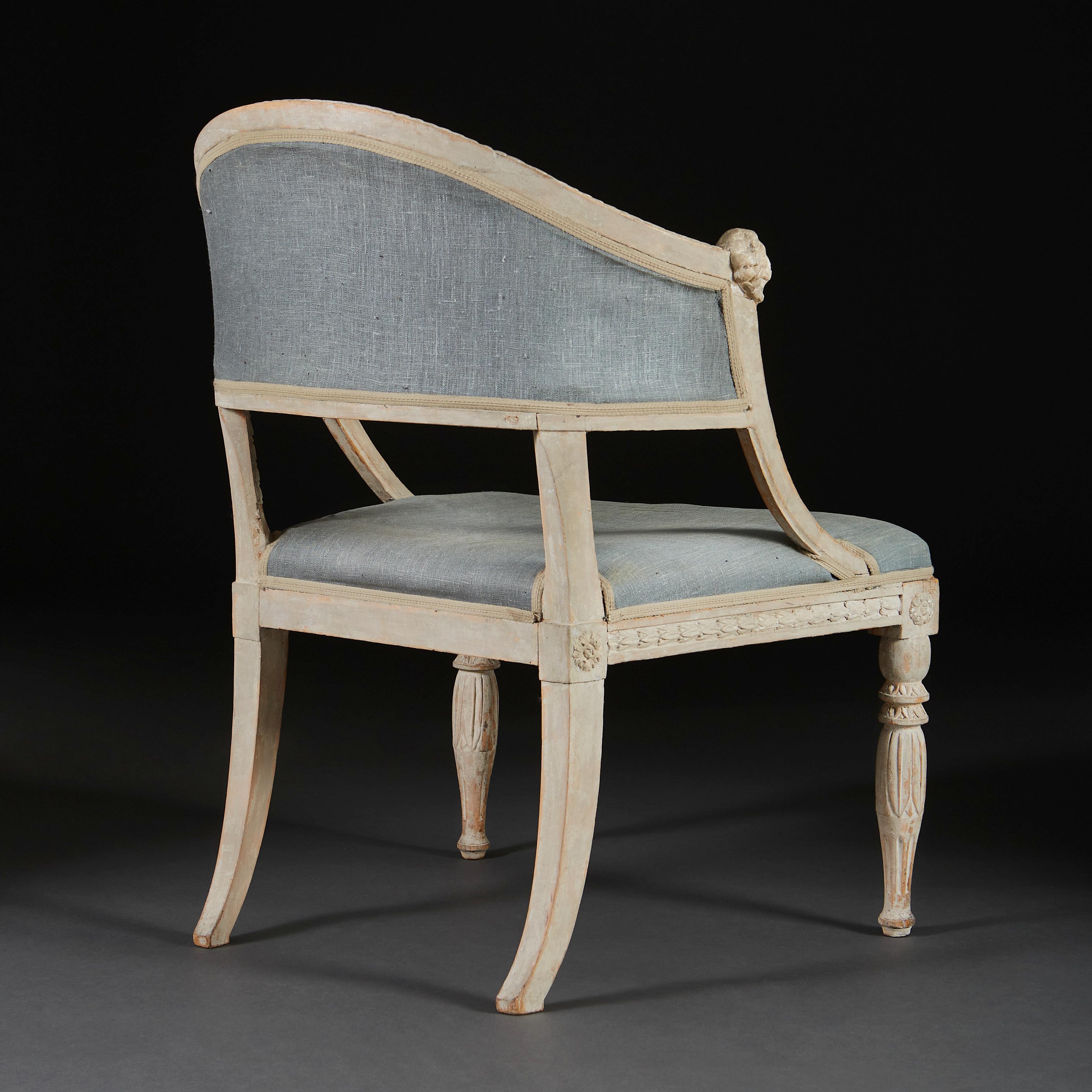 19th Century Pair of Gustavian Swedish Painted Armchairs With Blue Linen Upholstery