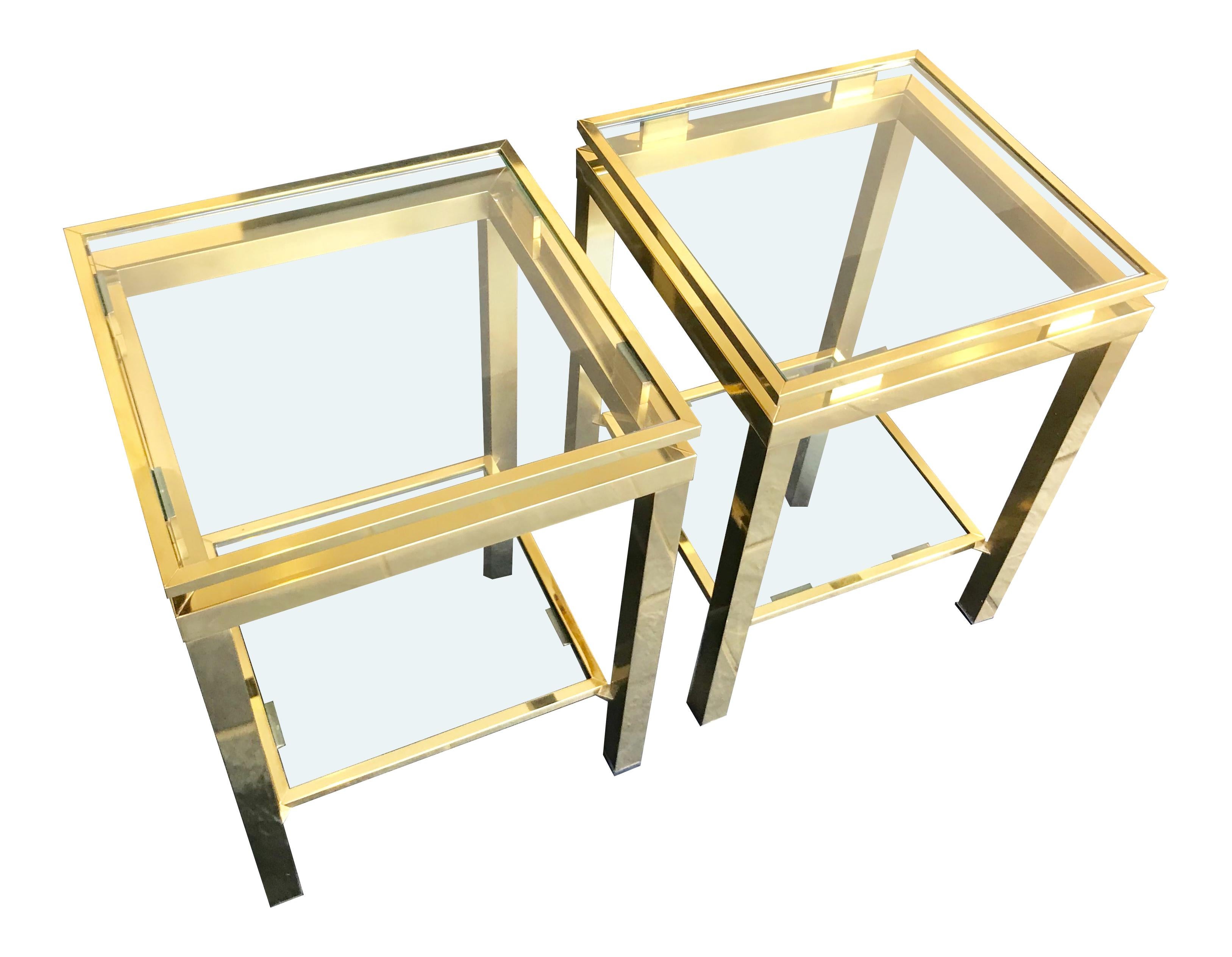 Mid-Century Modern Pair of Guy Lefevre Style Polished Gilt Metal Side Tables with 2 Glass Shelves