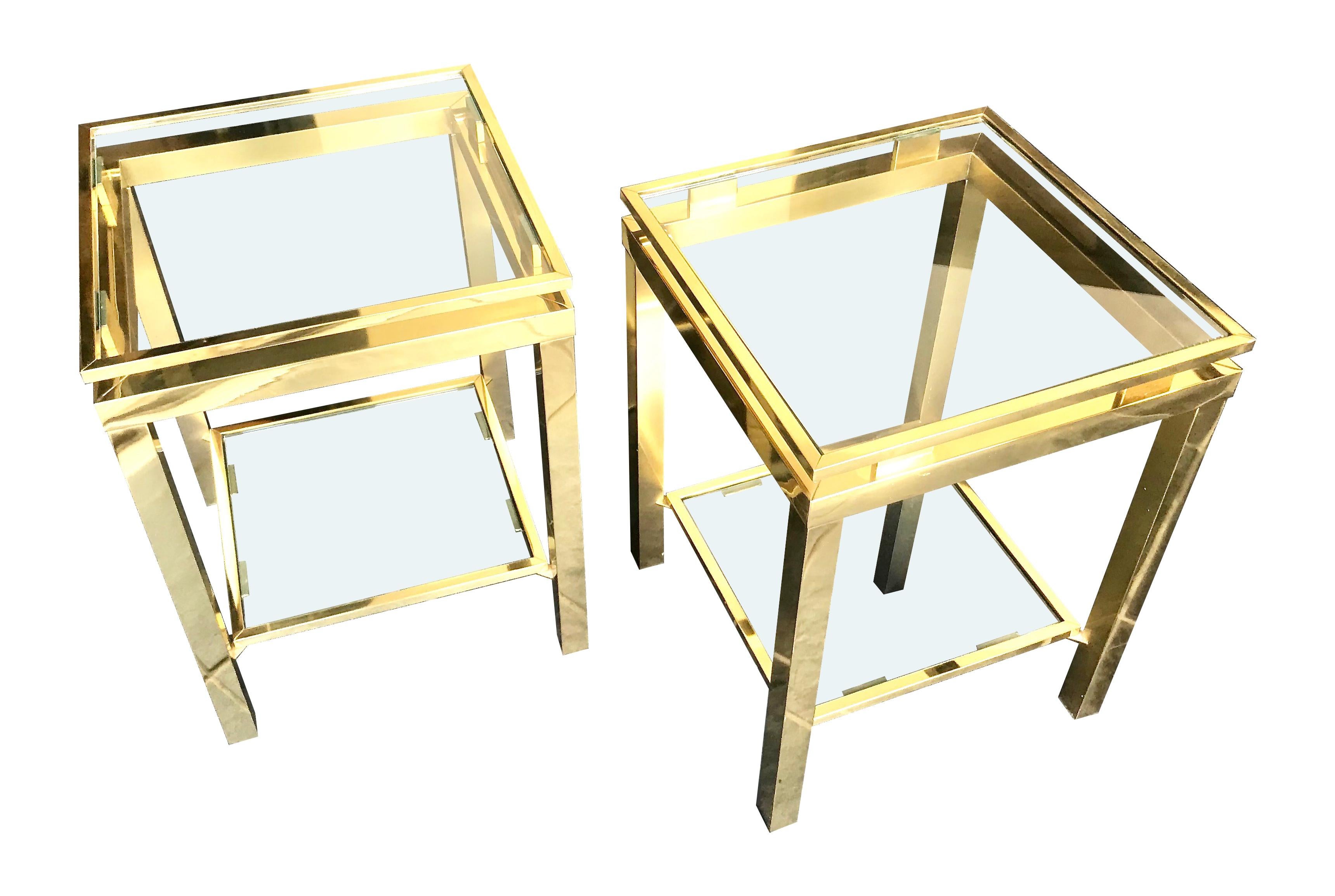 Pair of Guy Lefevre Style Polished Gilt Metal Side Tables with 2 Glass Shelves In Good Condition In London, GB