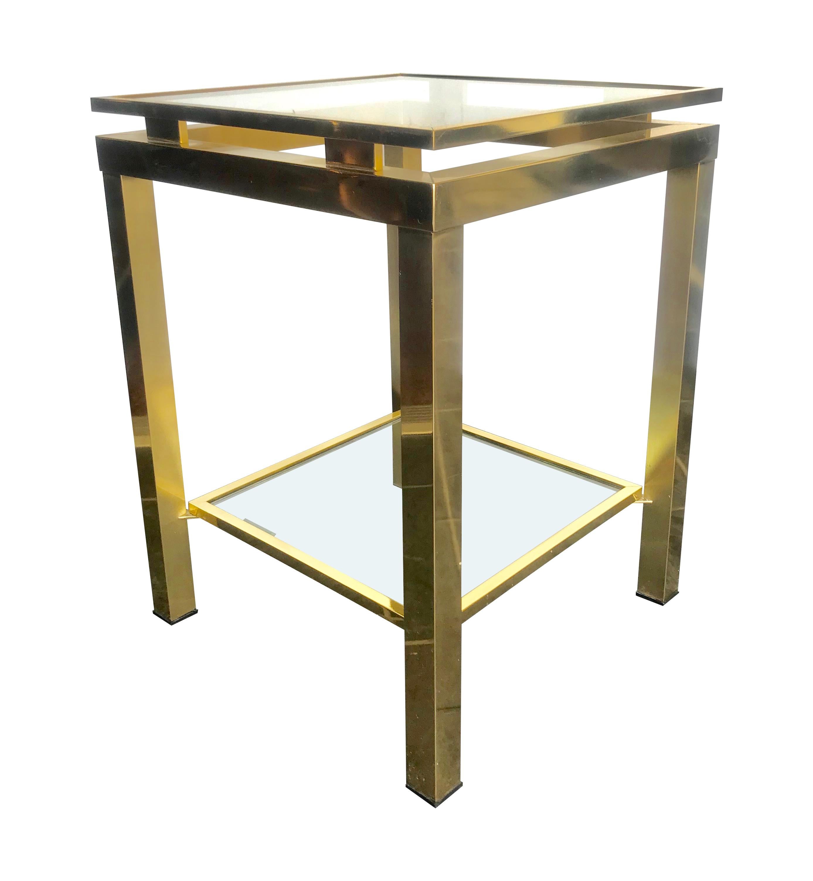 Pair of Guy Lefevre Style Polished Gilt Metal Side Tables with 2 Glass Shelves 1