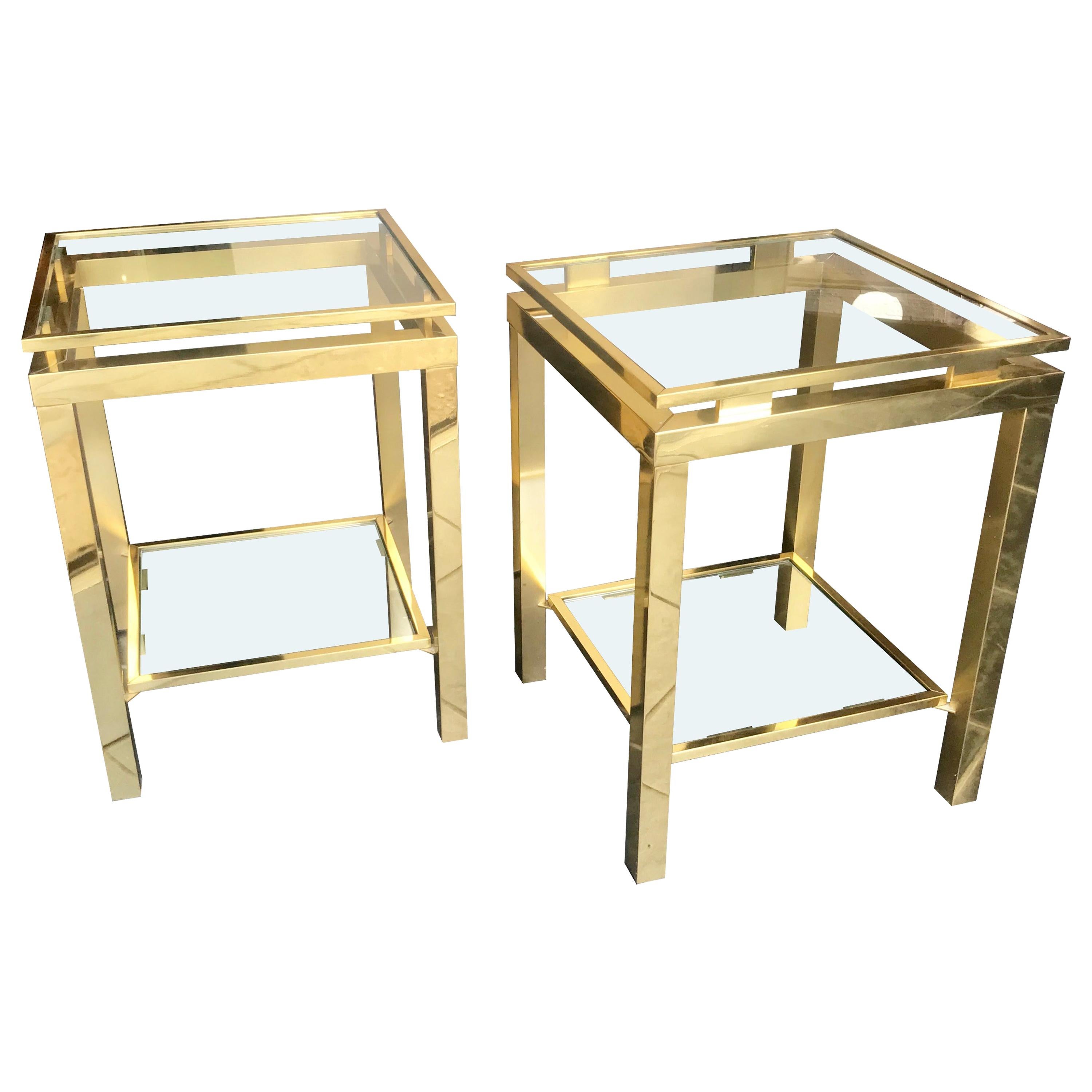 Pair of Guy Lefevre Style Polished Gilt Metal Side Tables with 2 Glass Shelves