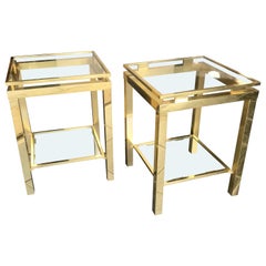 Pair of Guy Lefevre Style Polished Gilt Metal Side Tables with 2 Glass Shelves Pair of Guy Lefevre Style Polished Gilt Metal Side Tables with 2 Glass Shelves