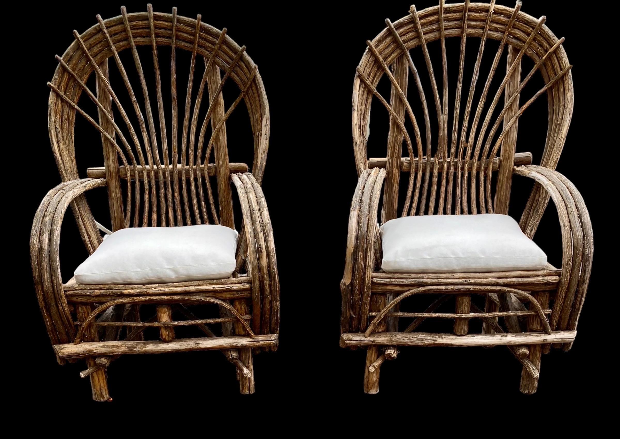 Hand-Crafted Pair of Hade Crafted Bent Willow Rustic Arm Chairs