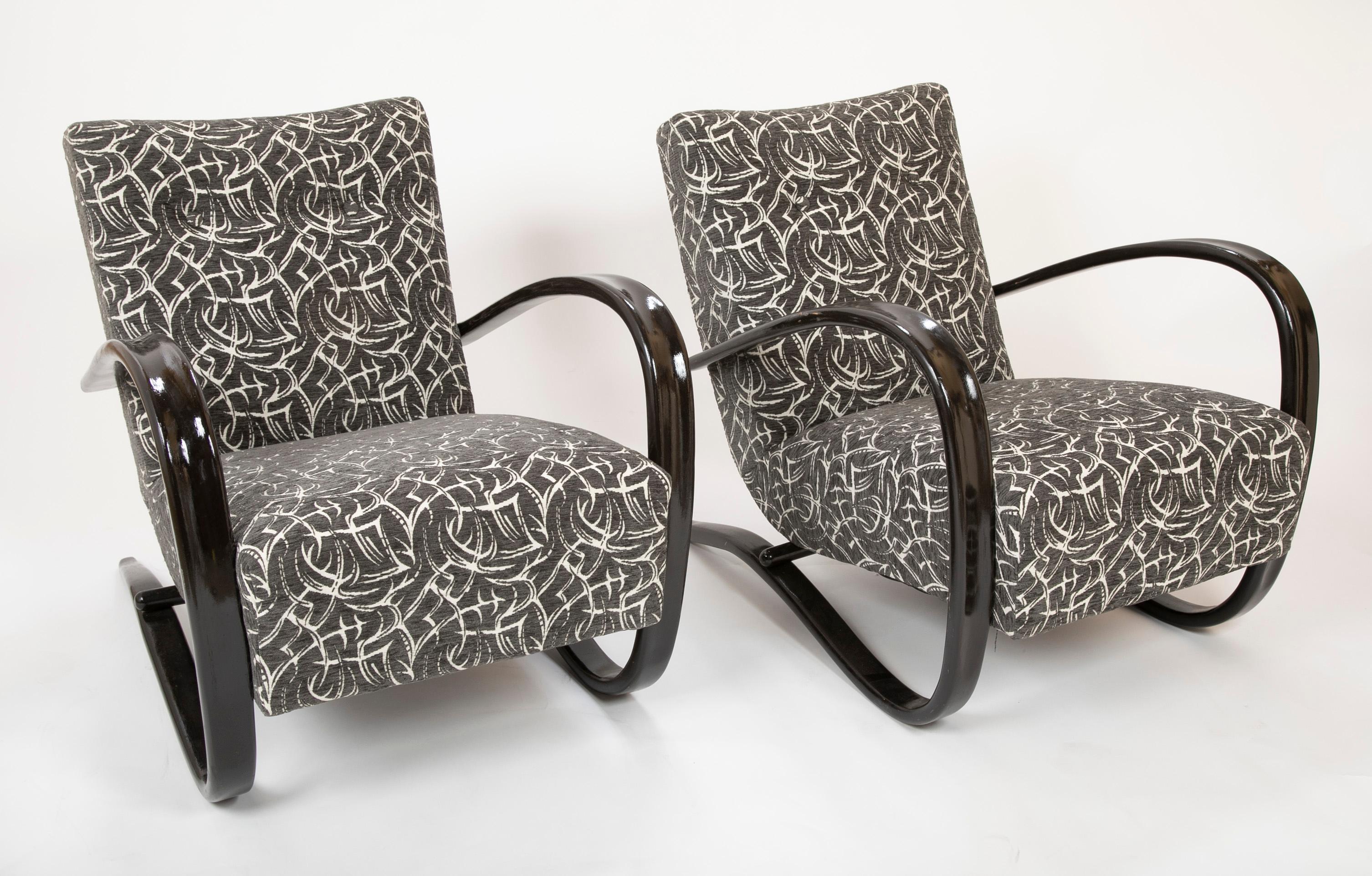 A pair of ebonized chairs designed by Jindrich Halabala. Produced in Czechoslovakia, circa 1930-1950.