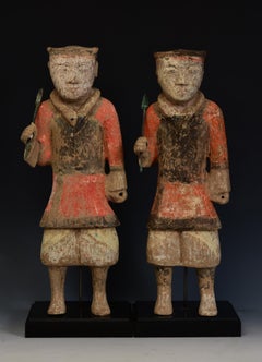 A Pair of Han Dynasty Chinese Pottery Warrior Holding Bronze Spear with TL Test