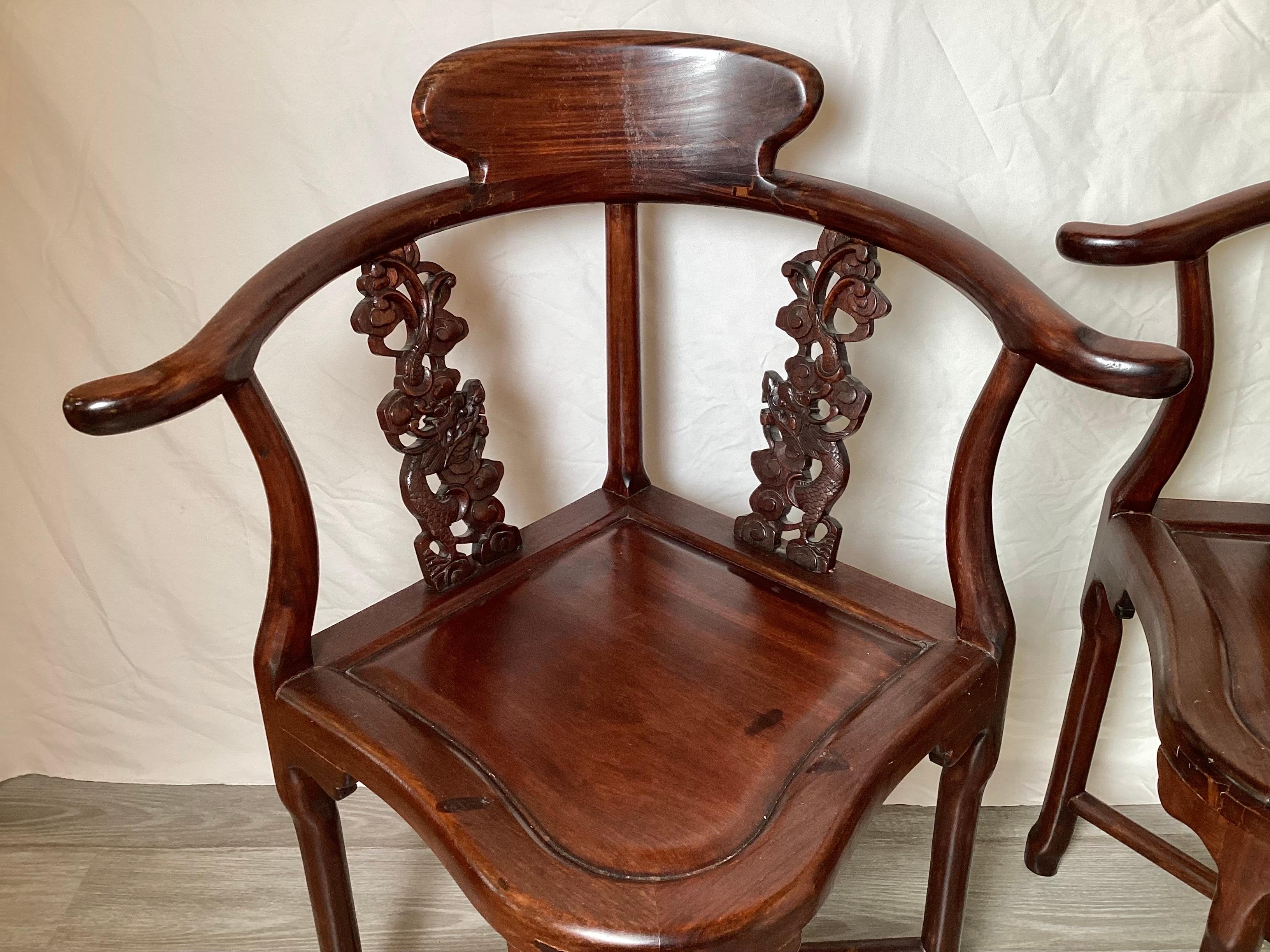 Pair of Hand Carved Chinese Corner Chairs In Good Condition For Sale In Lambertville, NJ