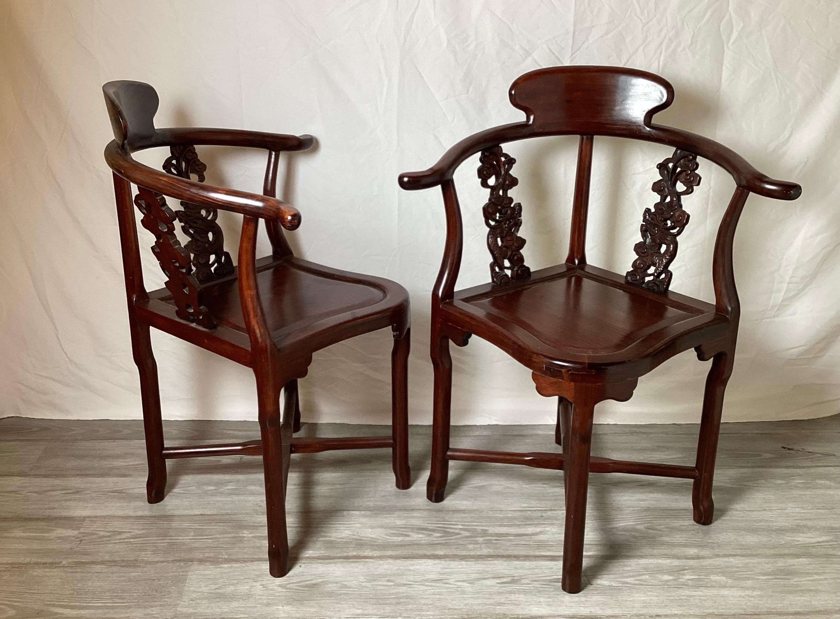 20th Century Pair of Hand Carved Chinese Corner Chairs For Sale