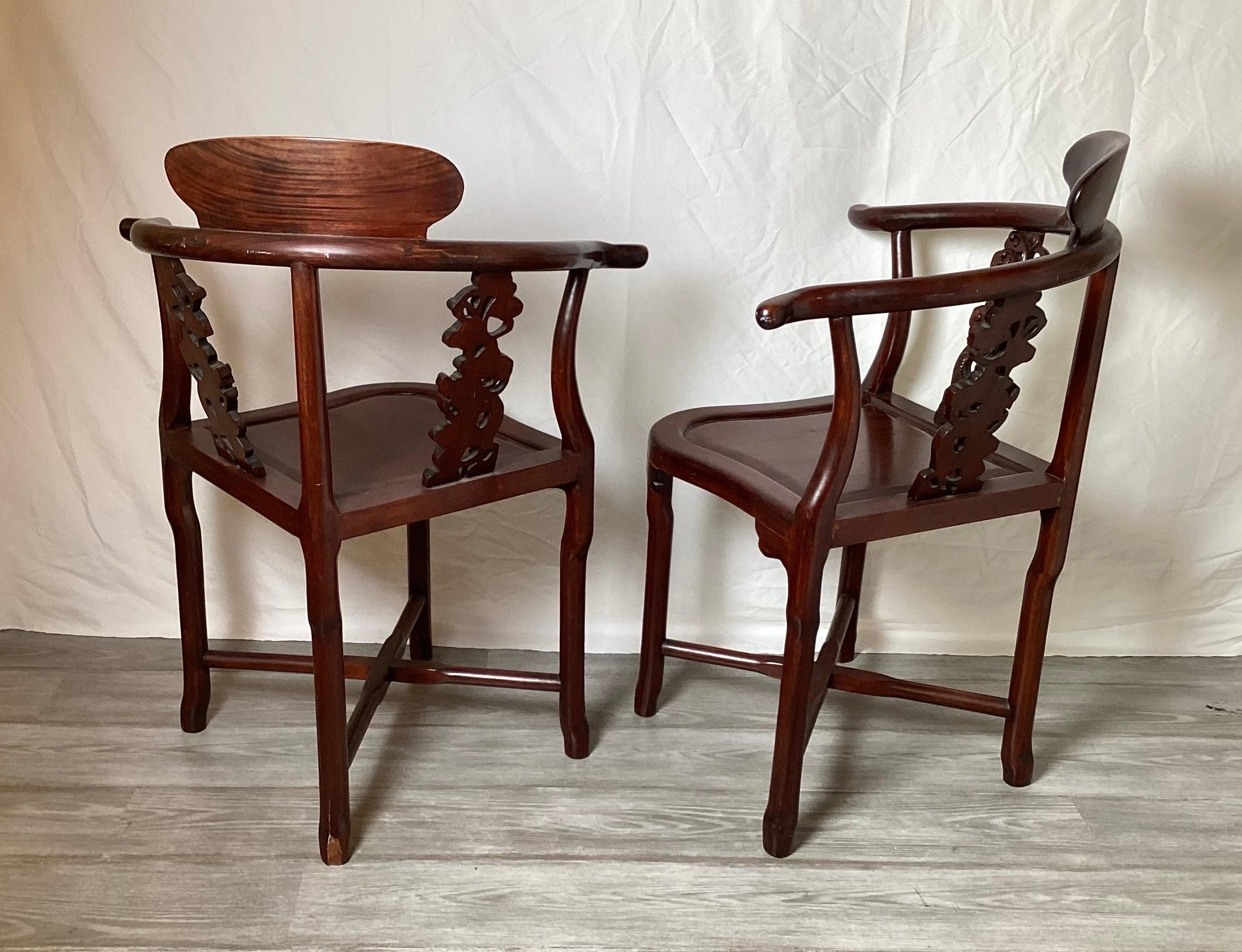 Hardwood Pair of Hand Carved Chinese Corner Chairs For Sale