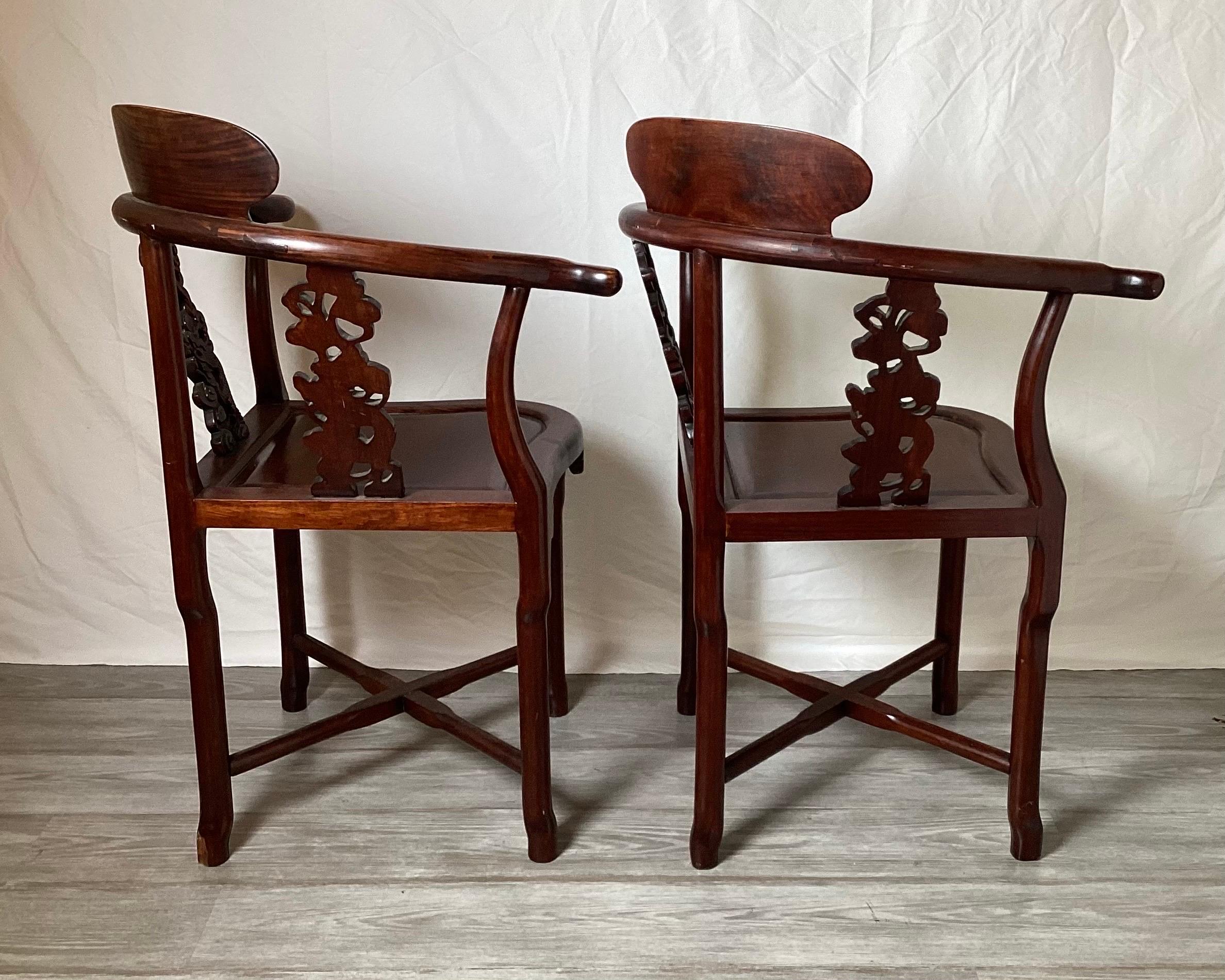 Pair of Hand Carved Chinese Corner Chairs For Sale 2