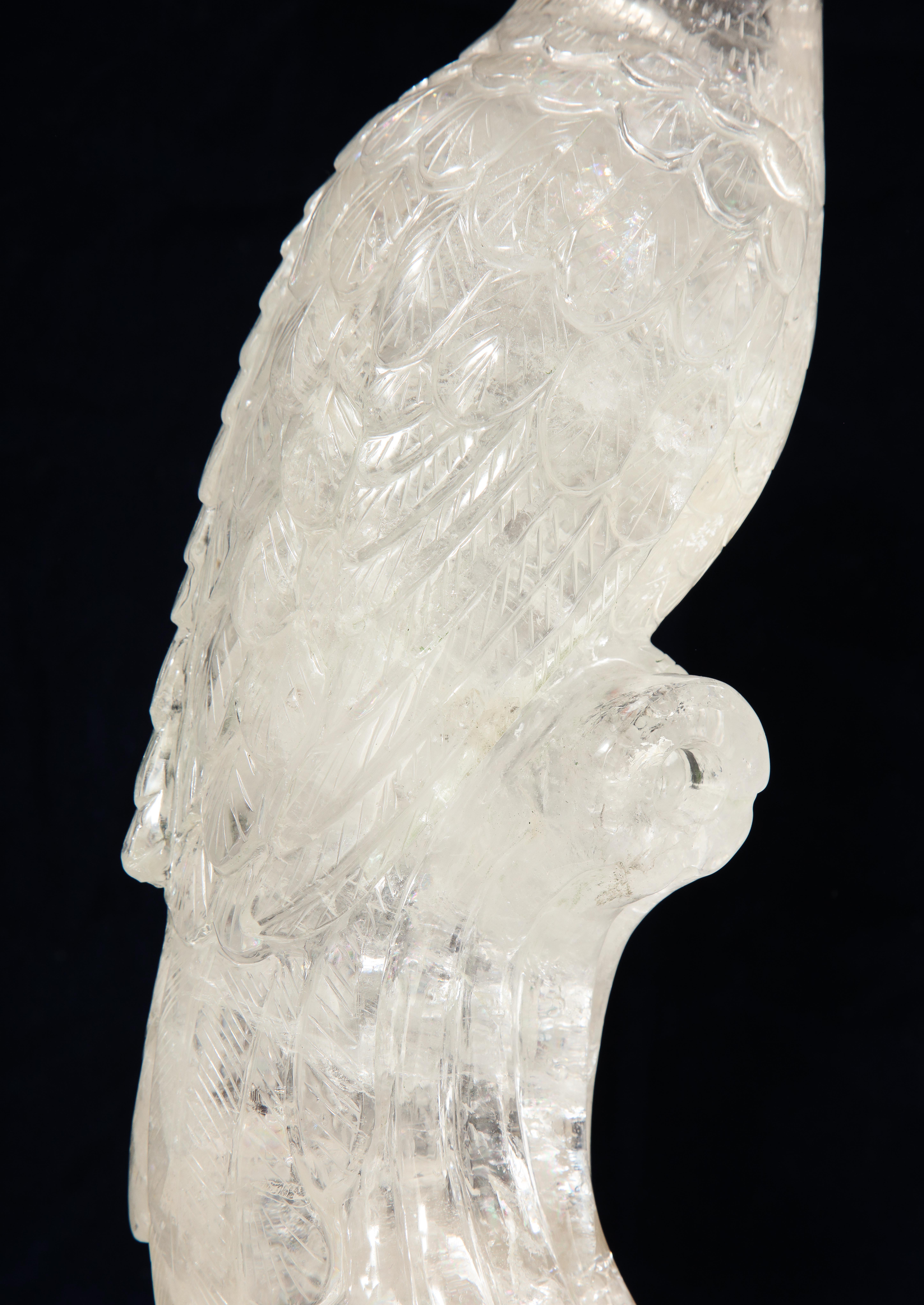 Pair of Hand Carved Clear Rock-Crystal Quartz Parrots on Silver-Gilt Bases For Sale 2