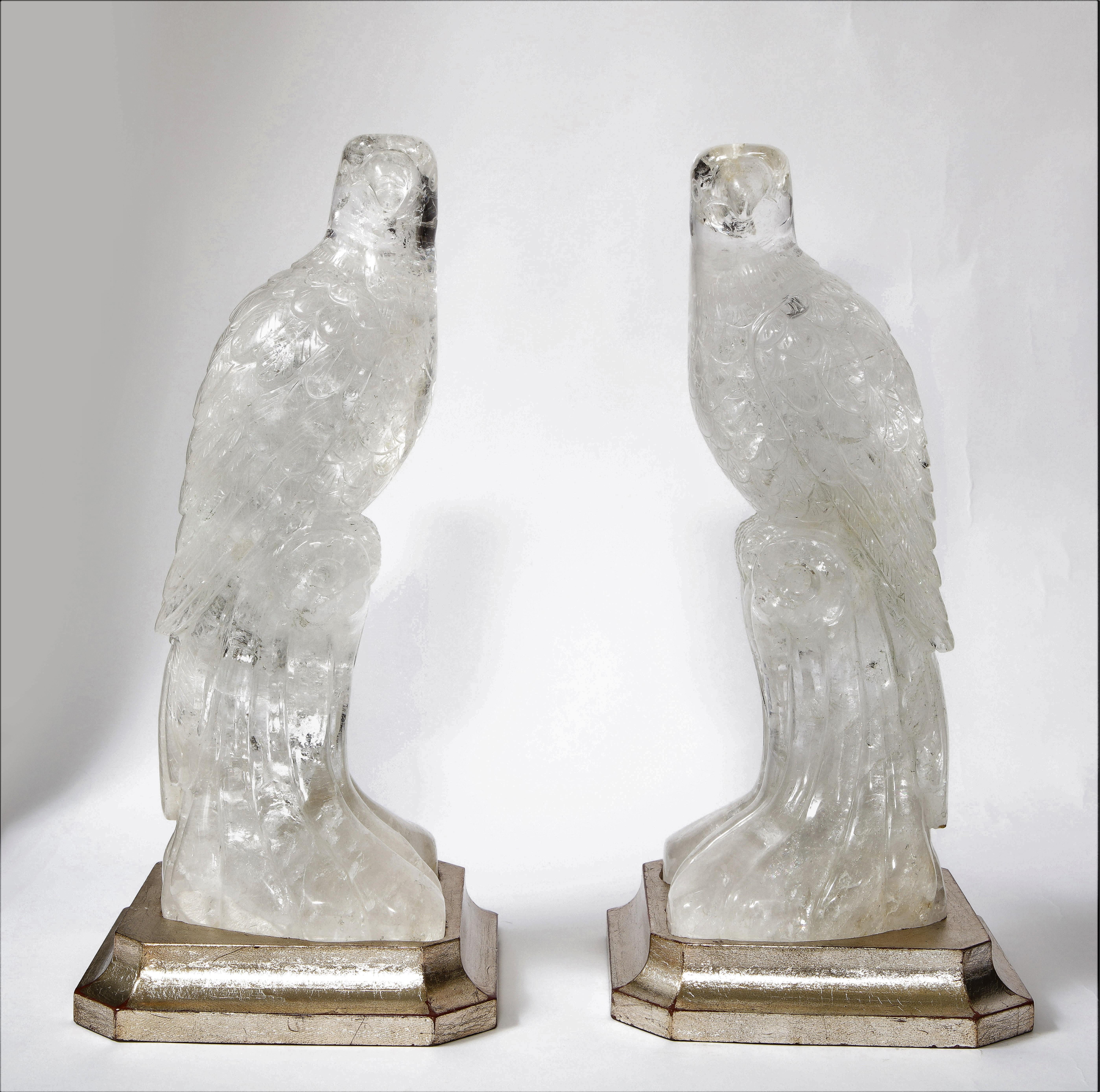 Pair of Hand Carved Clear Rock-Crystal Quartz Parrots on Silver-Gilt Bases For Sale 6