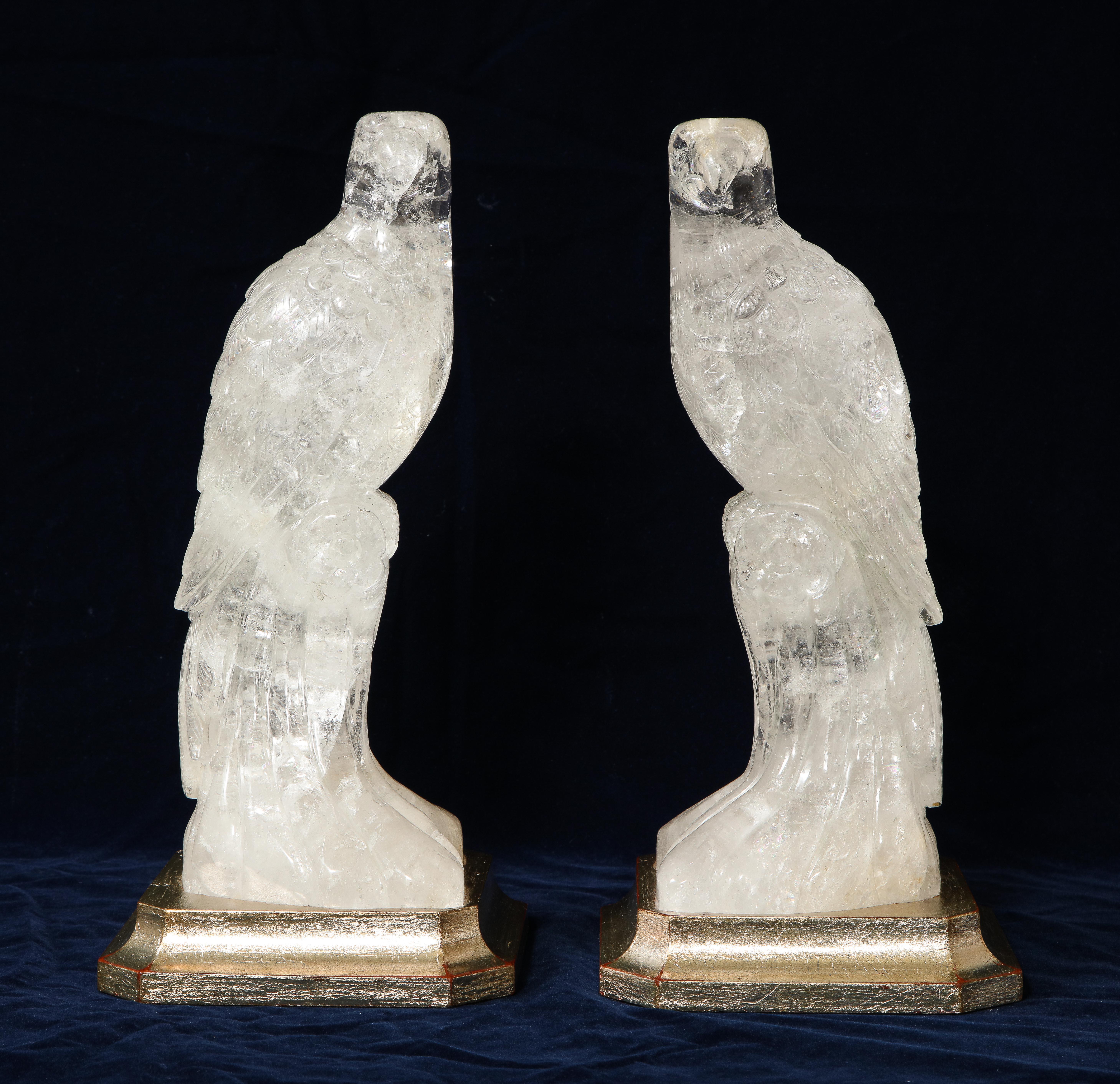 Mid-Century Modern Pair of Hand Carved Clear Rock-Crystal Quartz Parrots on Silver-Gilt Bases For Sale