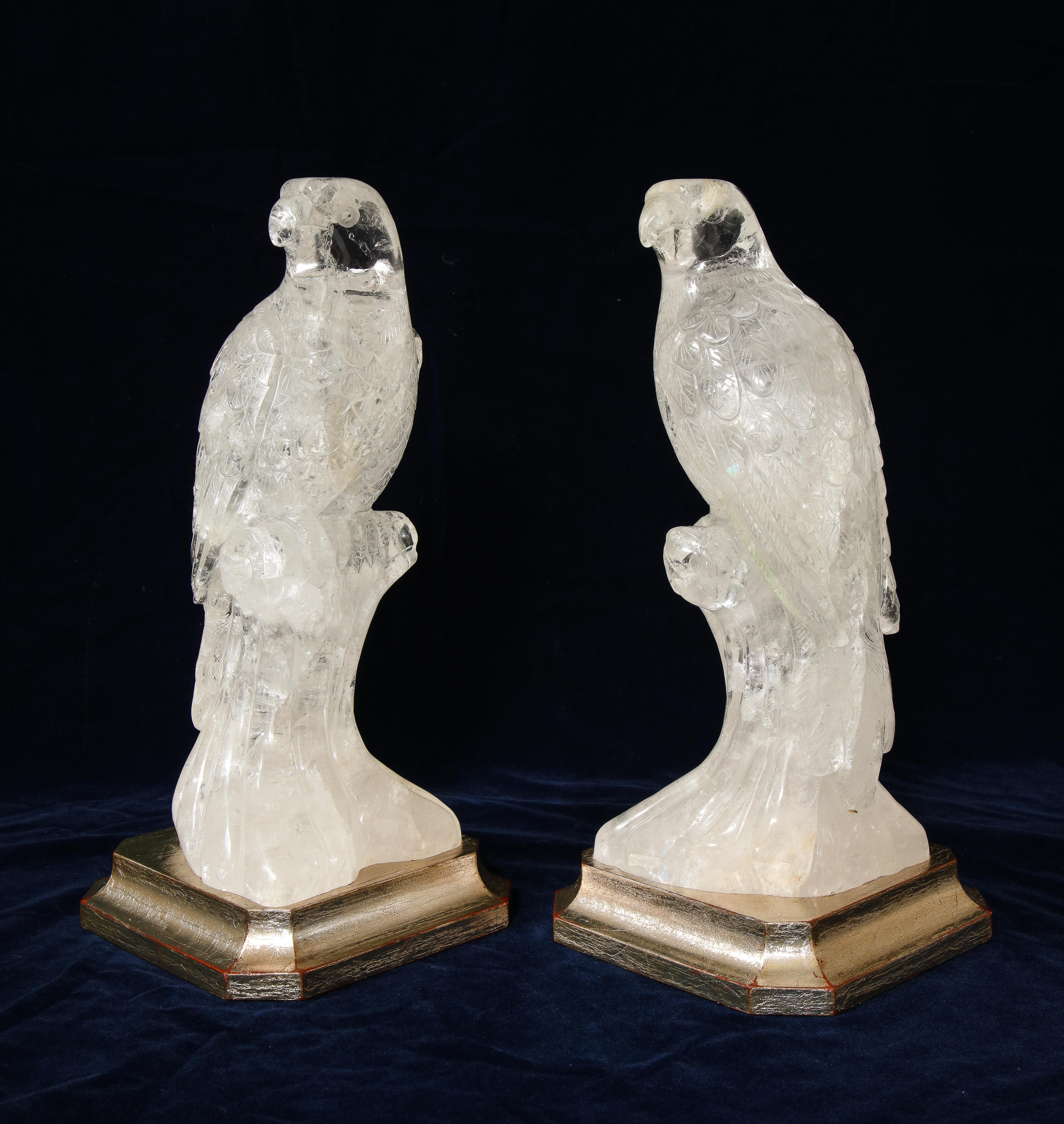 French Pair of Hand Carved Clear Rock-Crystal Quartz Parrots on Silver-Gilt Bases For Sale