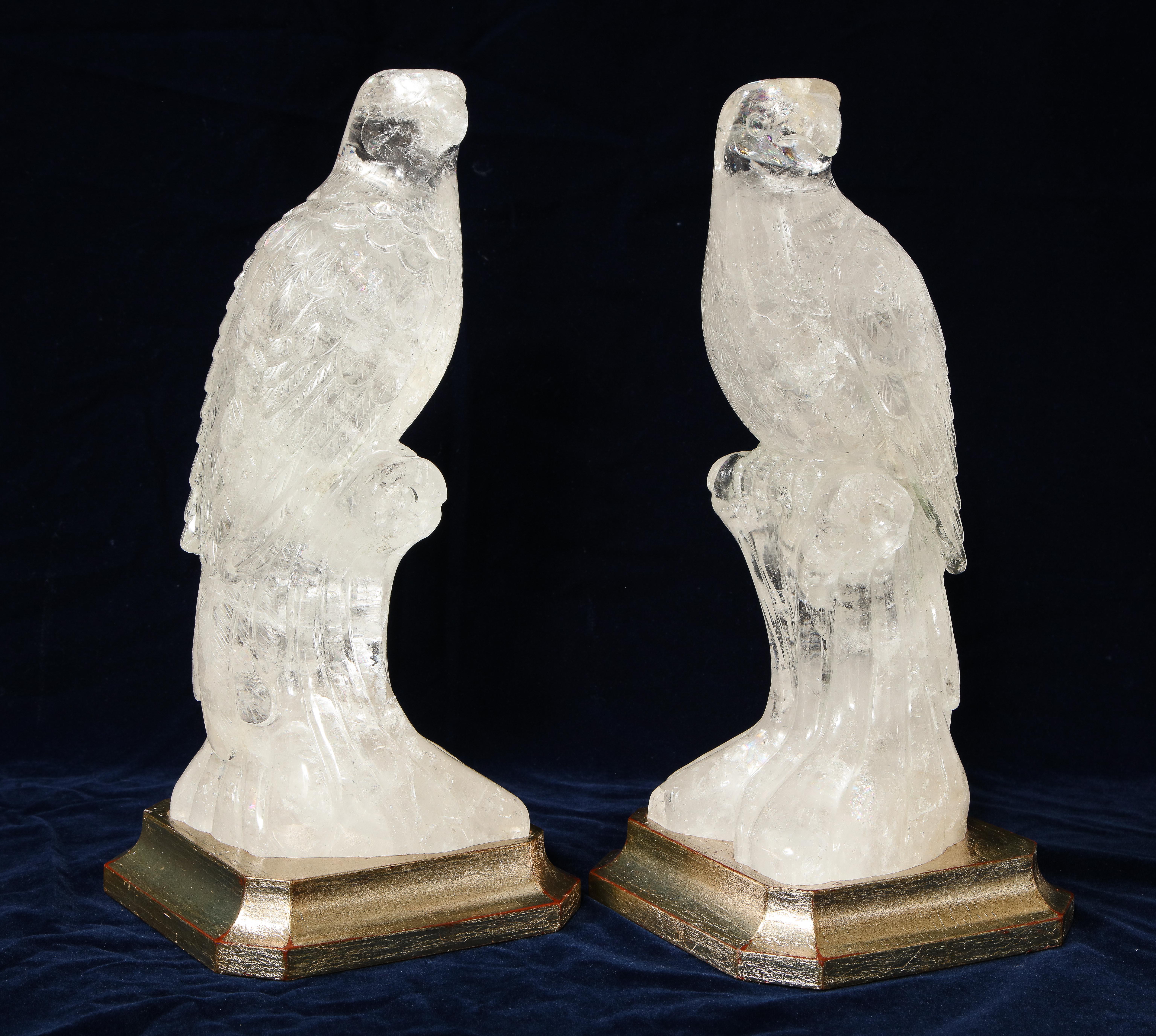 Hand-Carved Pair of Hand Carved Clear Rock-Crystal Quartz Parrots on Silver-Gilt Bases For Sale