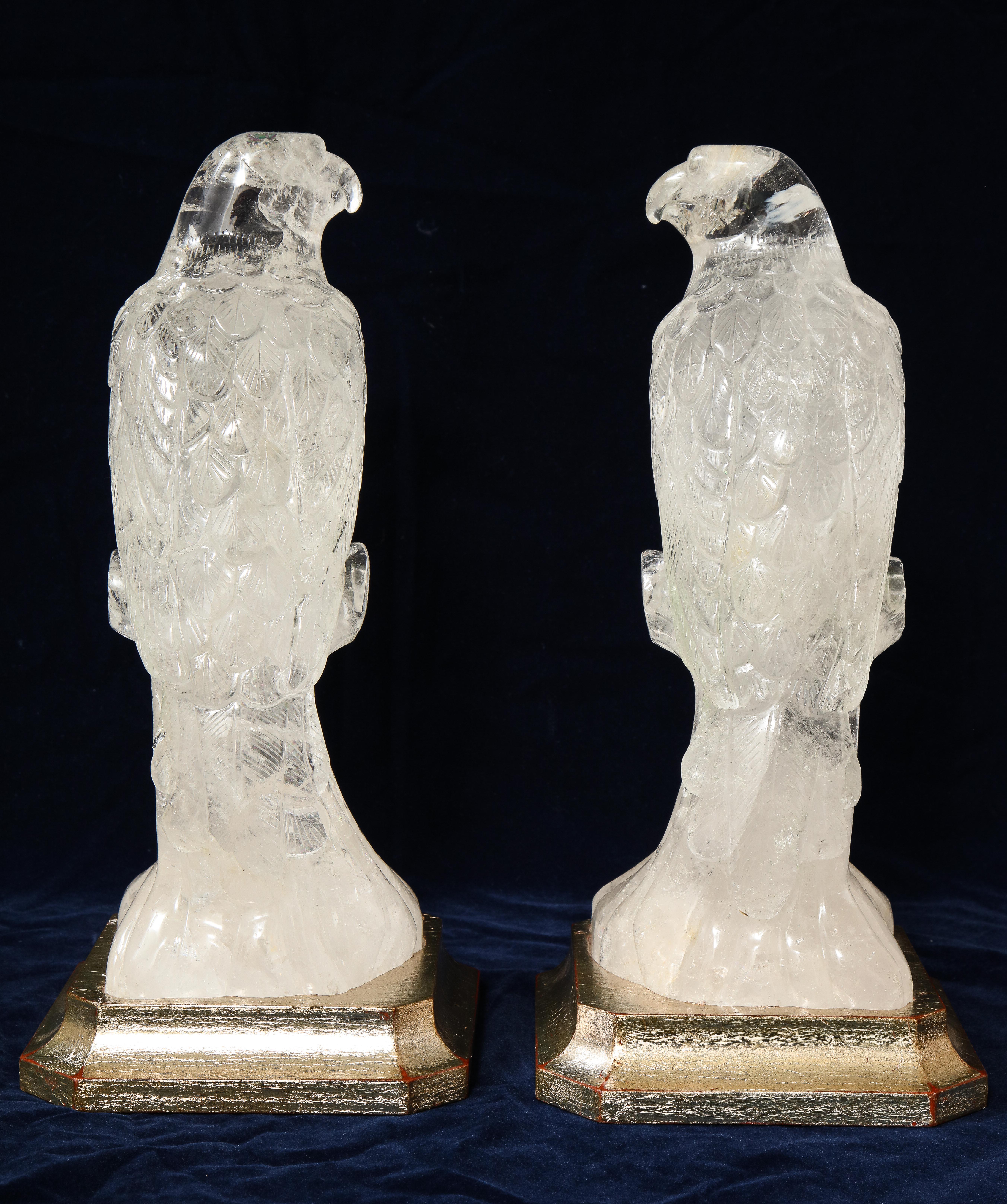 Pair of Hand Carved Clear Rock-Crystal Quartz Parrots on Silver-Gilt Bases In Good Condition For Sale In New York, NY