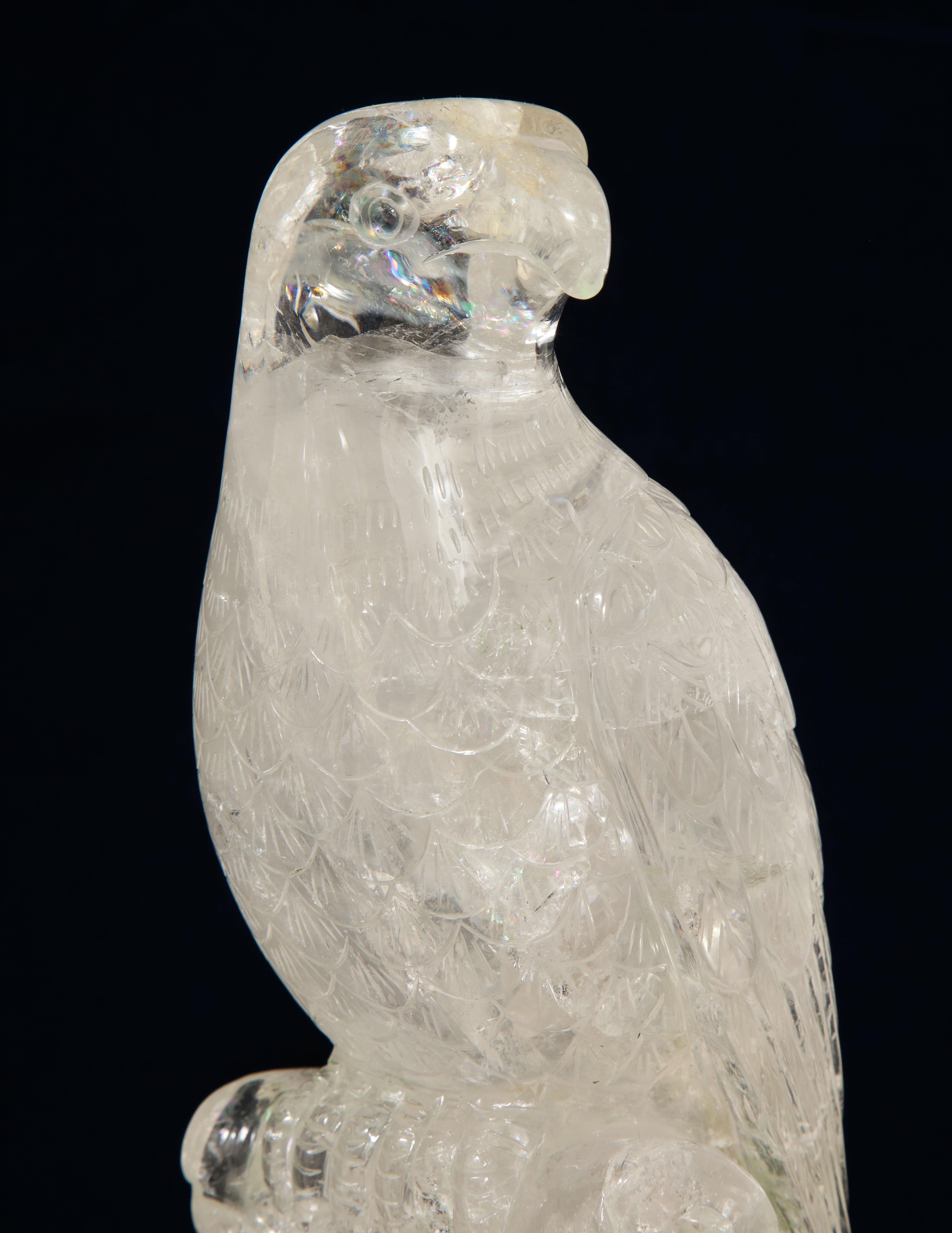 Rock Crystal Pair of Hand Carved Clear Rock-Crystal Quartz Parrots on Silver-Gilt Bases For Sale