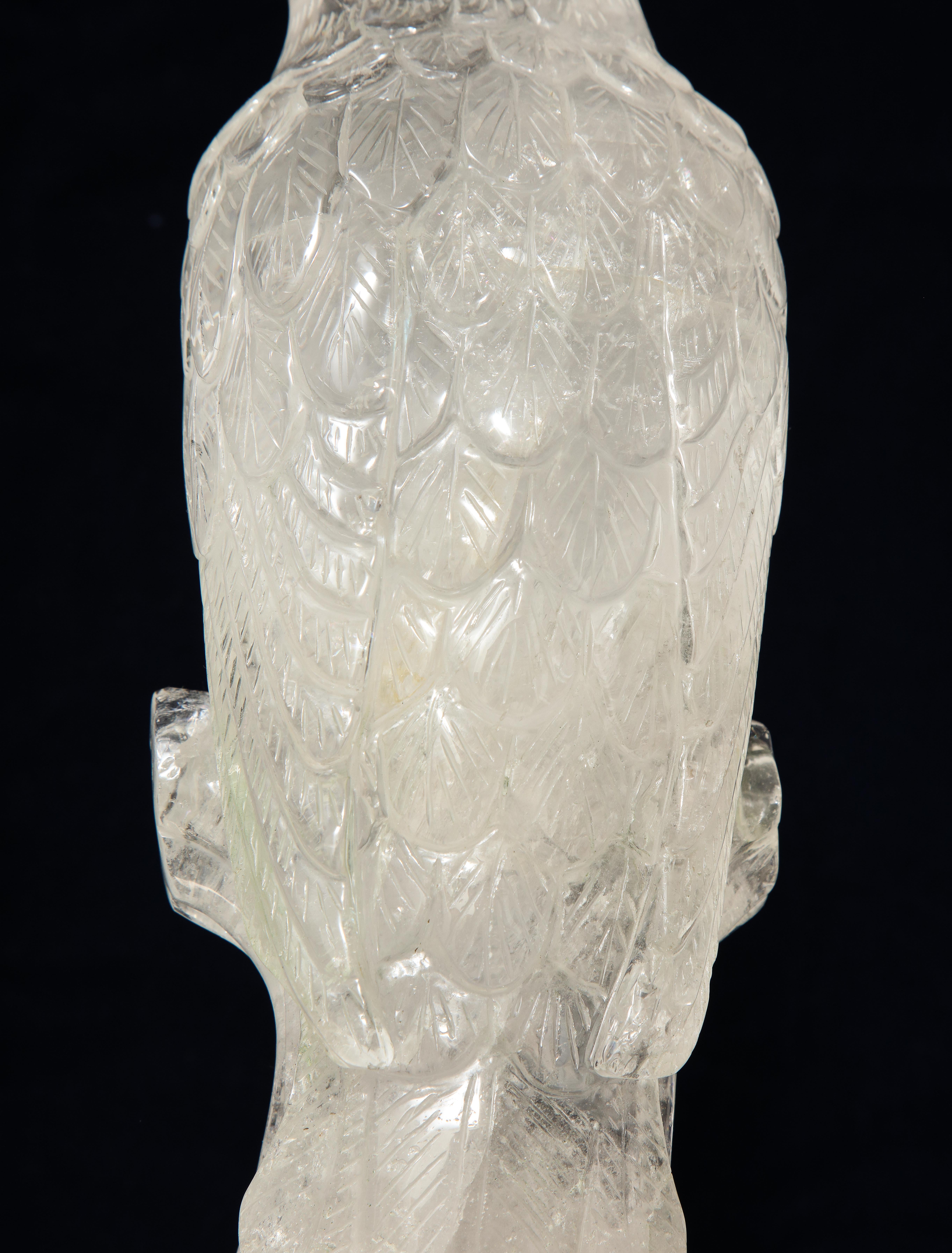Pair of Hand Carved Clear Rock-Crystal Quartz Parrots on Silver-Gilt Bases For Sale 1