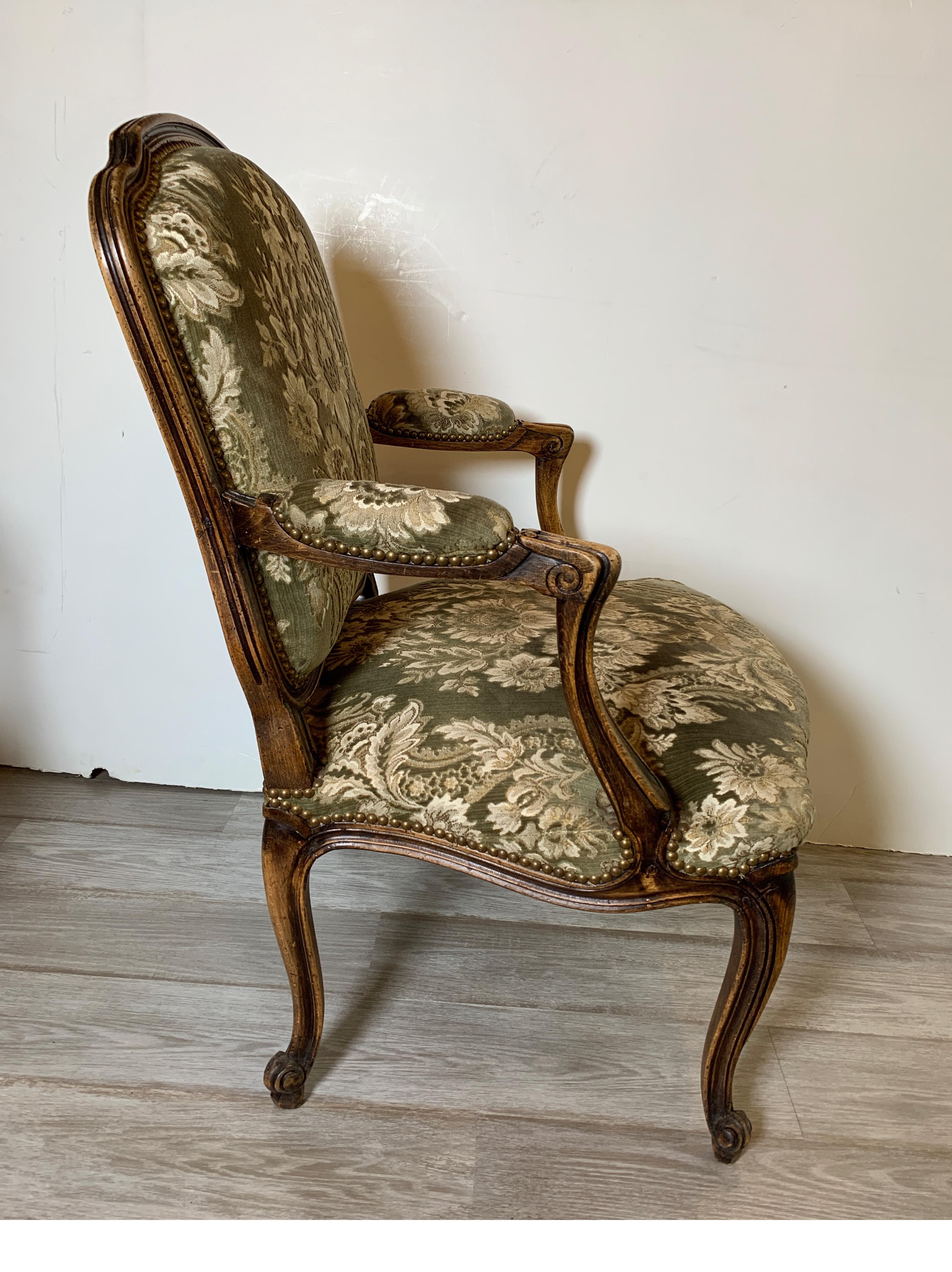 Velvet Pair of Hand Carved French Fauteils Arm Chairs 