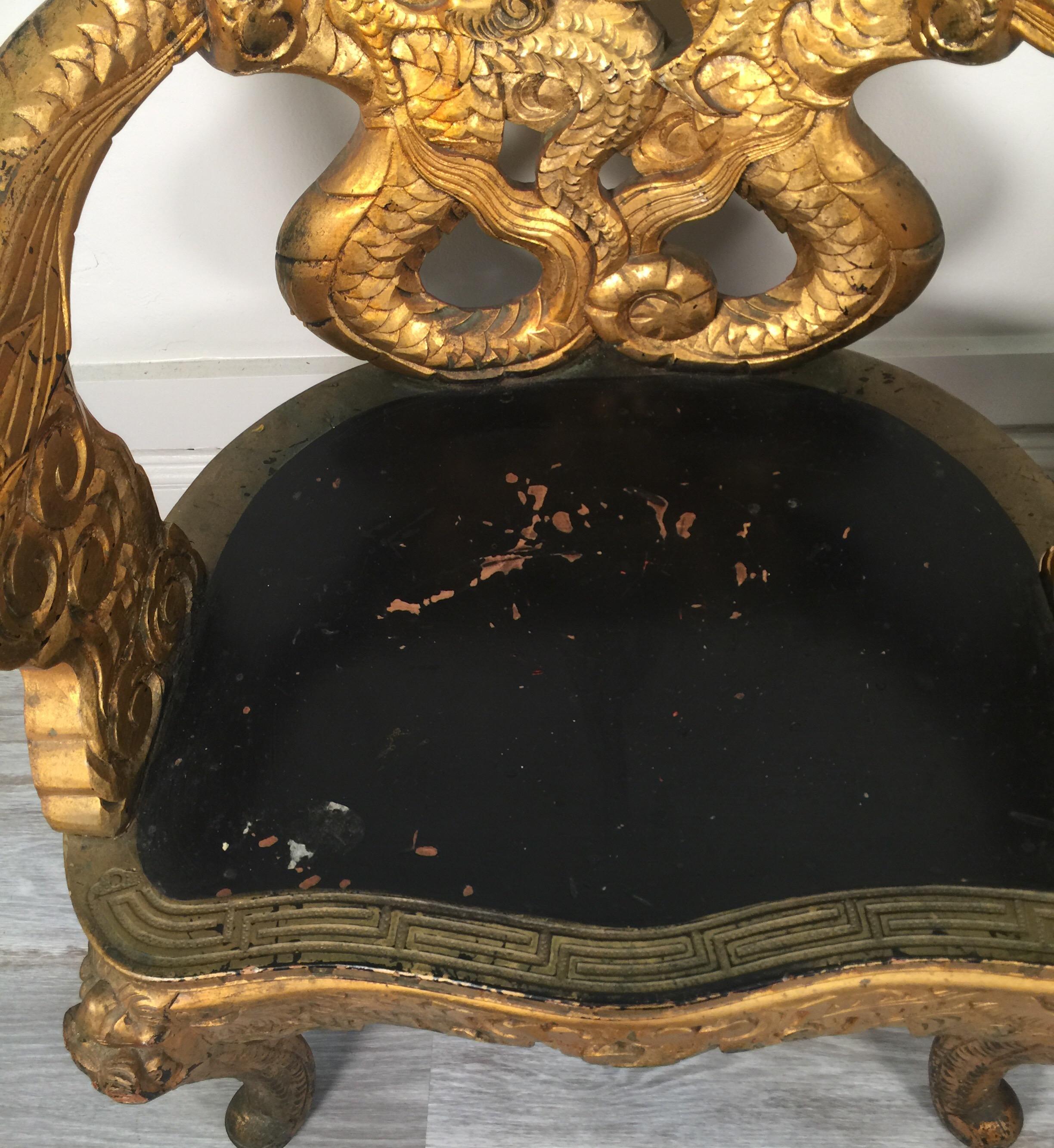 Pair of Hand Carved Gilt Japanese Chairs with Silk Cushions 2