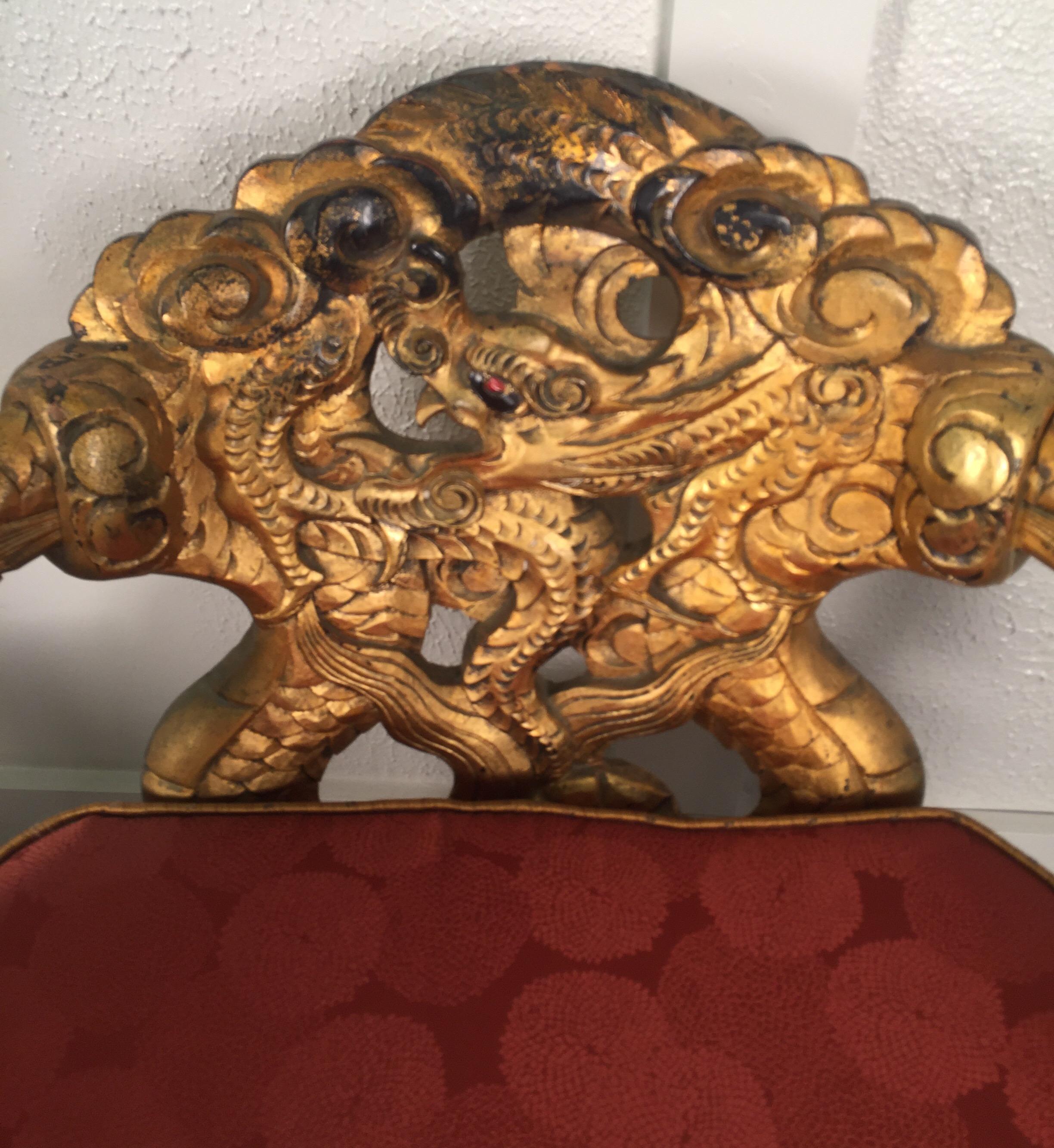Pair of Hand Carved Gilt Japanese Chairs with Silk Cushions 3