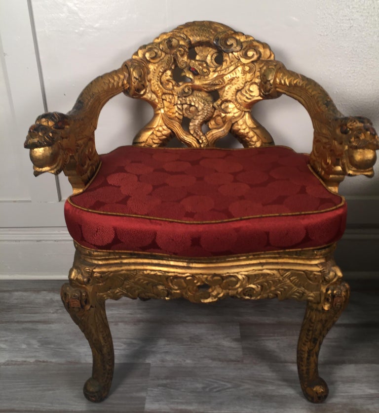 Pair of Hand Carved Gilt Japanese Chairs with Silk Cushions For Sale at