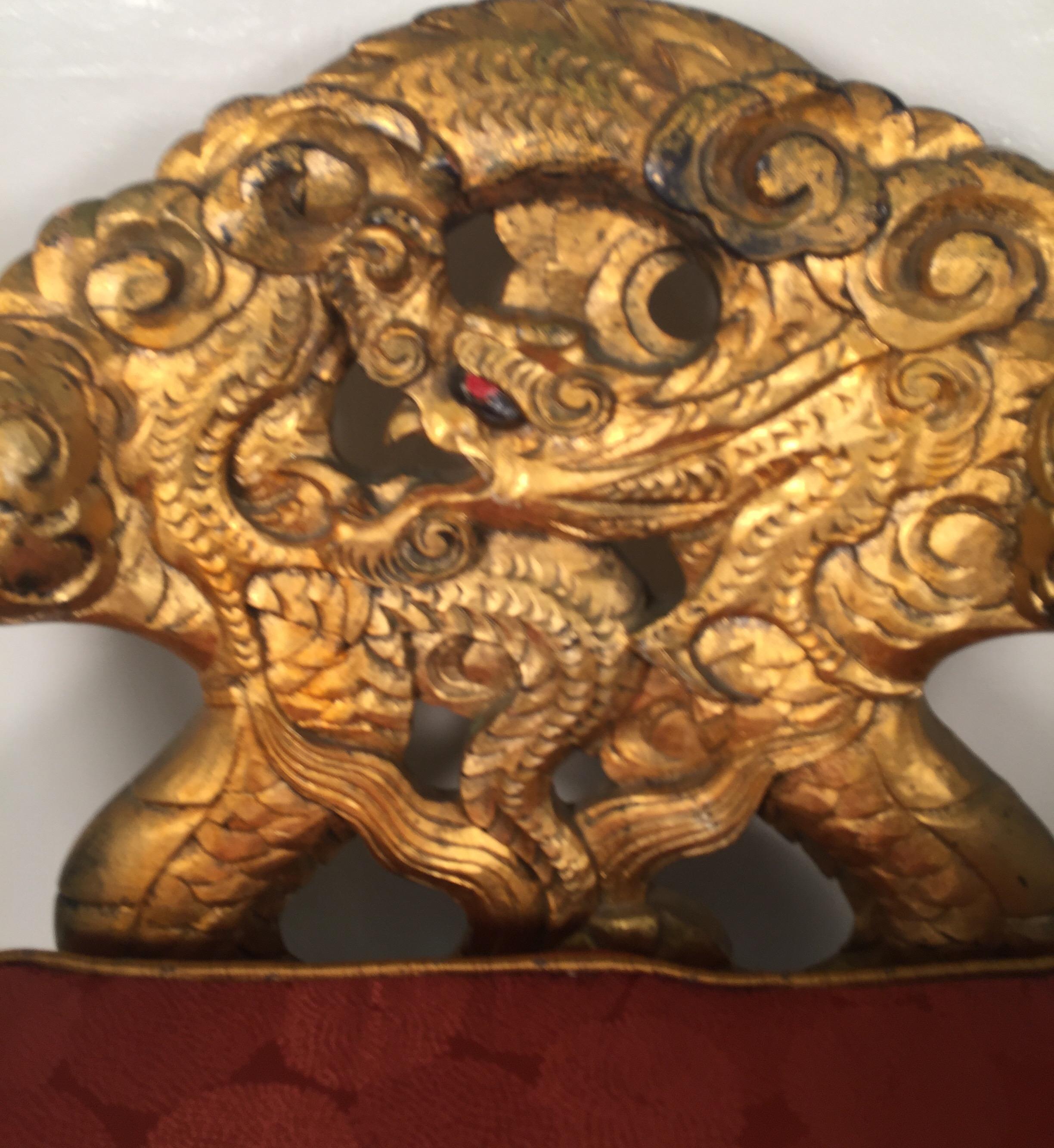 Pair of Hand Carved Gilt Japanese Chairs with Silk Cushions 1