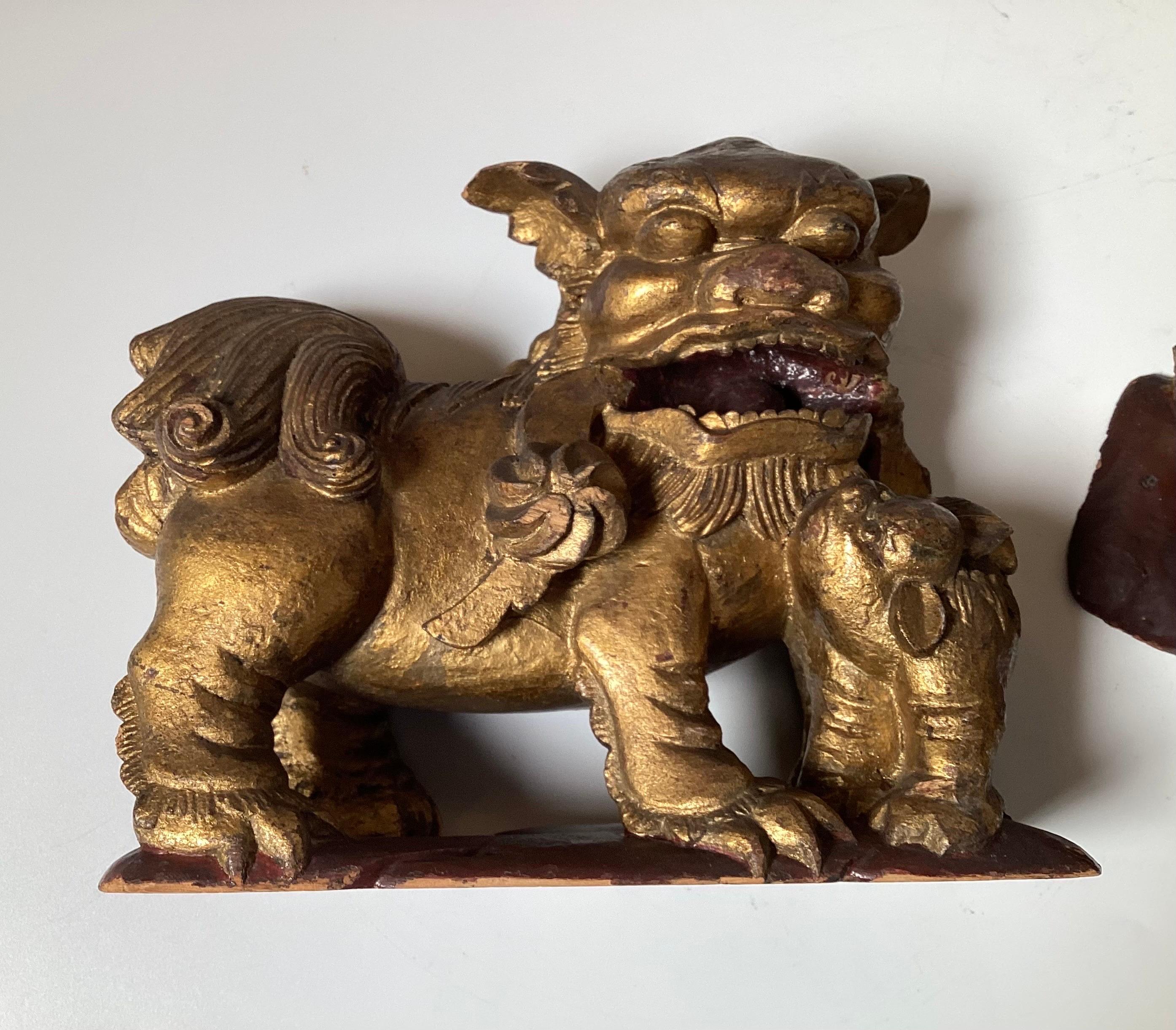 19th Century A Pair of Hand Carved Gilt Wood Chinese Export Foo Dogs  For Sale