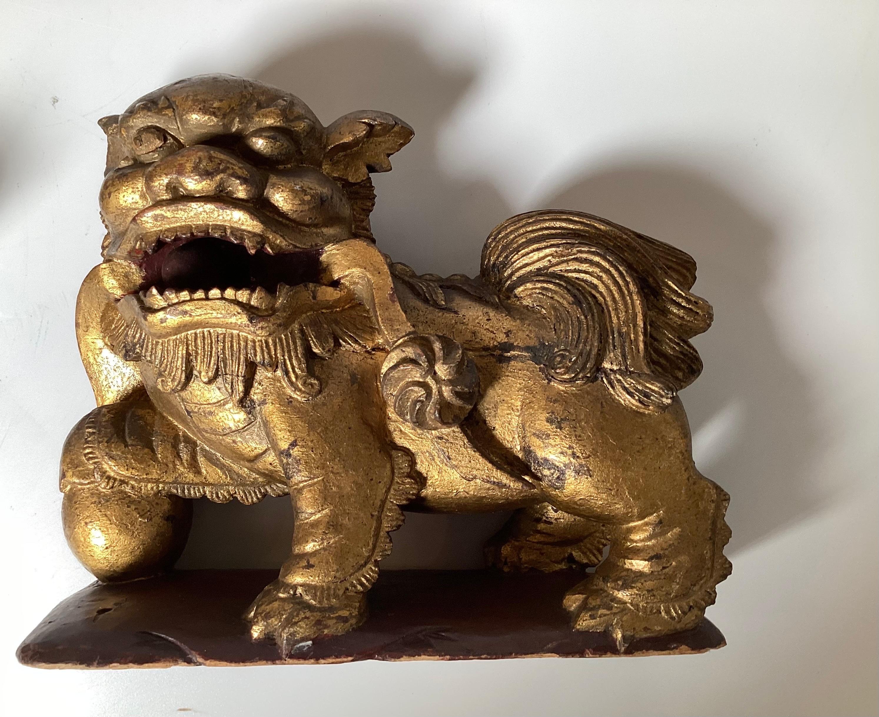 A Pair of Hand Carved Gilt Wood Chinese Export Foo Dogs  For Sale 1