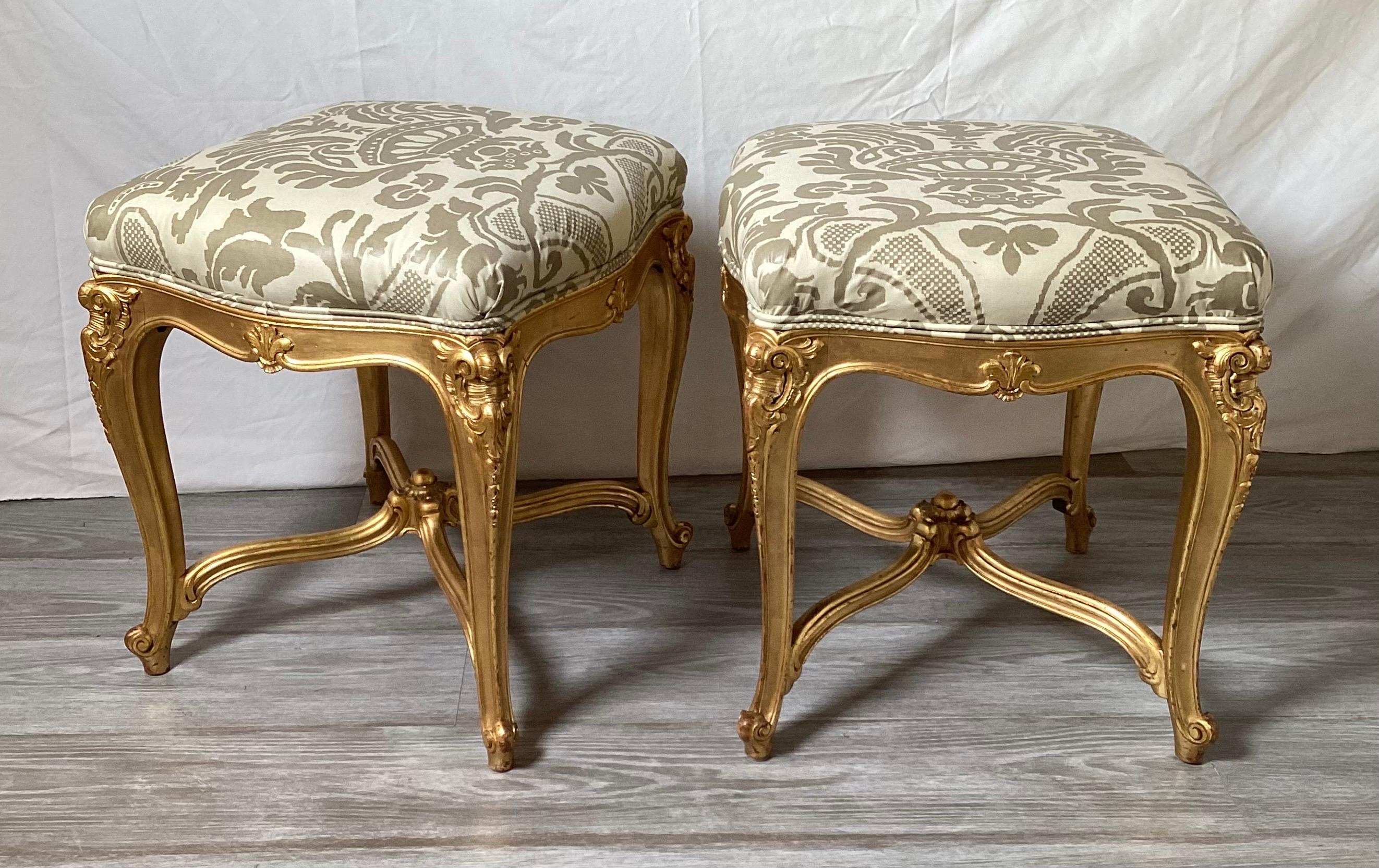 Hand-Carved Pair of Hand Carved Giltwood Square Benches Louis XV Style circa 1900 For Sale