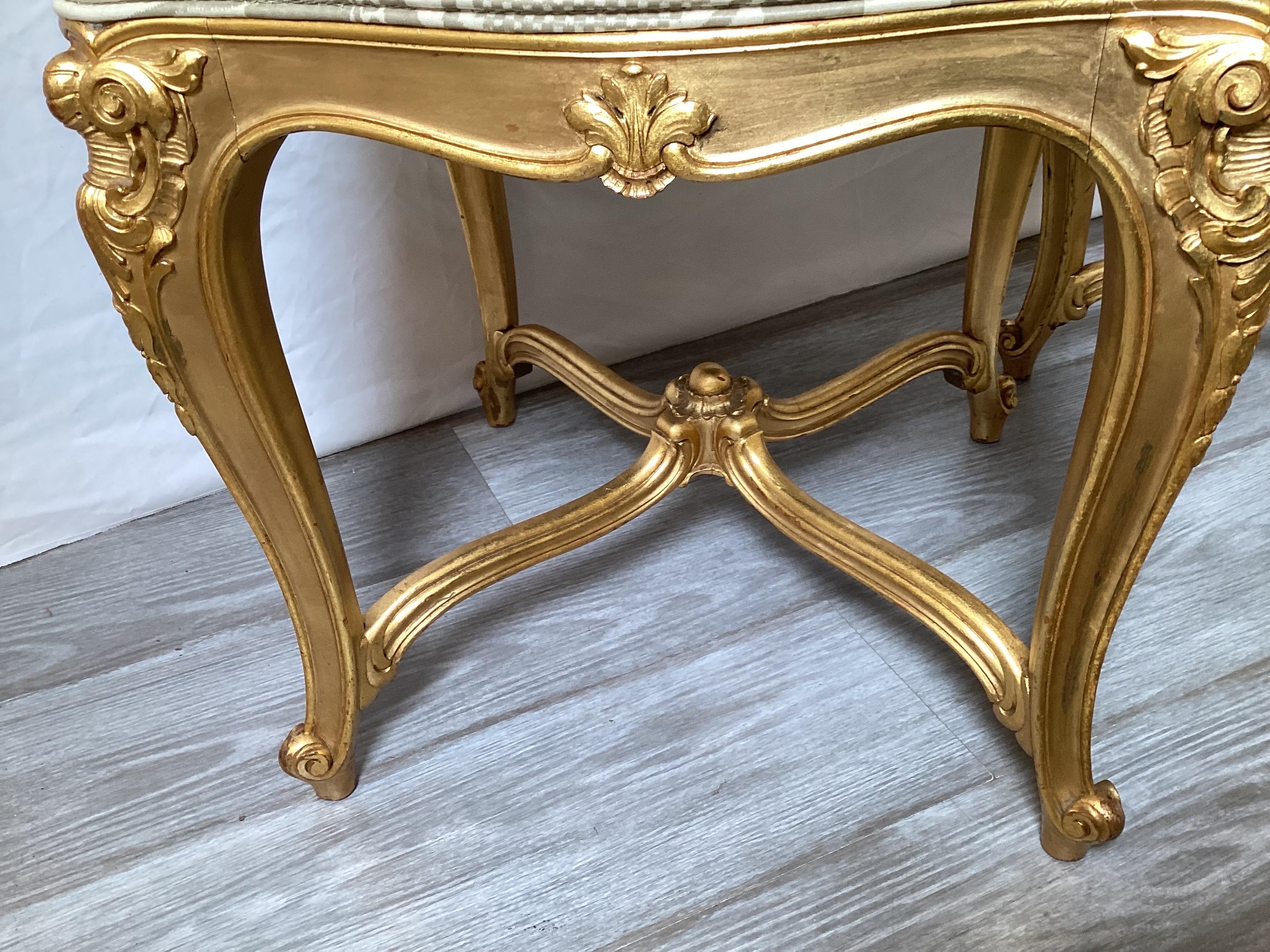 Walnut Pair of Hand Carved Giltwood Square Benches Louis XV Style circa 1900 For Sale