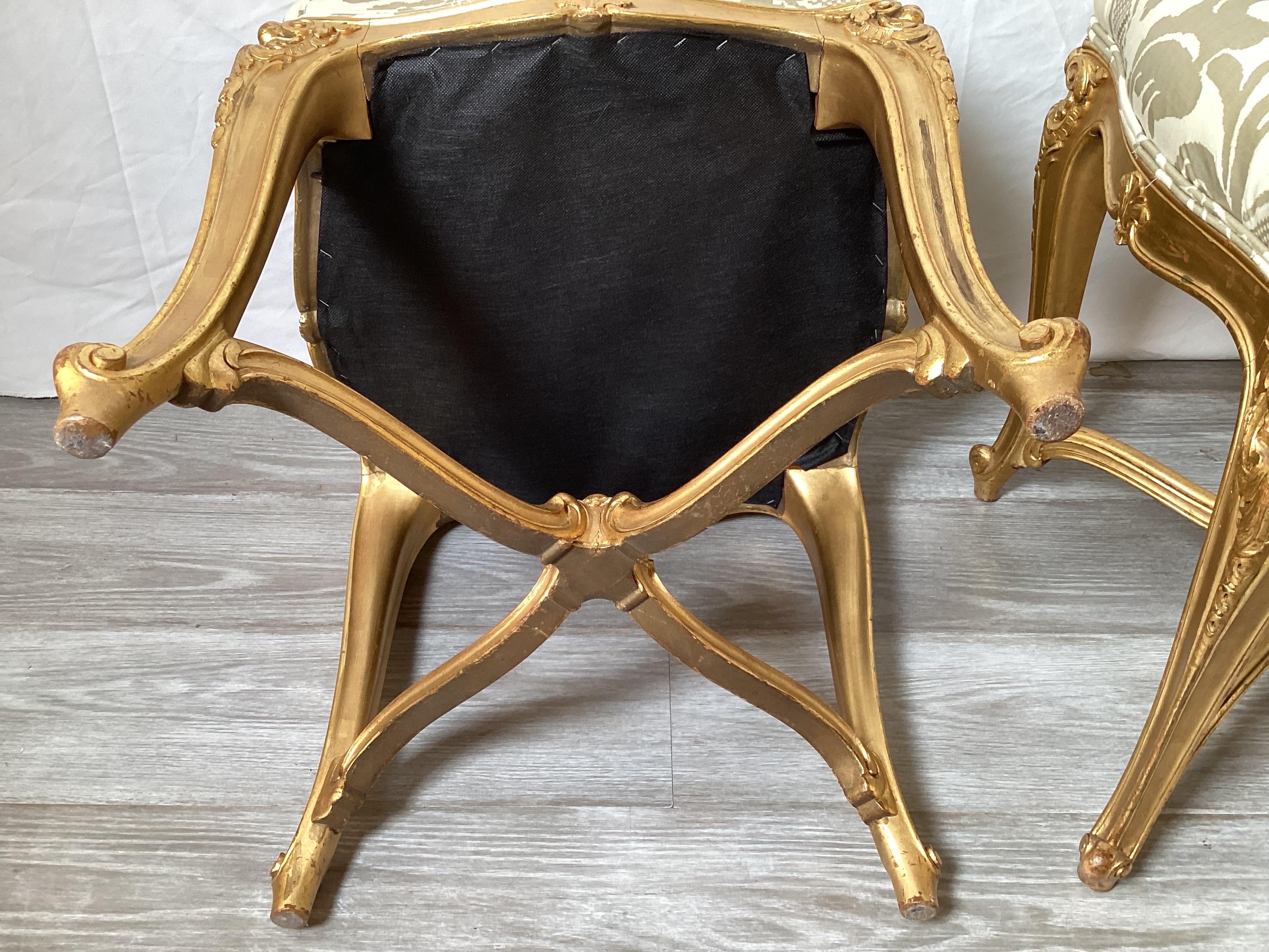 Pair of Hand Carved Giltwood Square Benches Louis XV Style circa 1900 For Sale 1