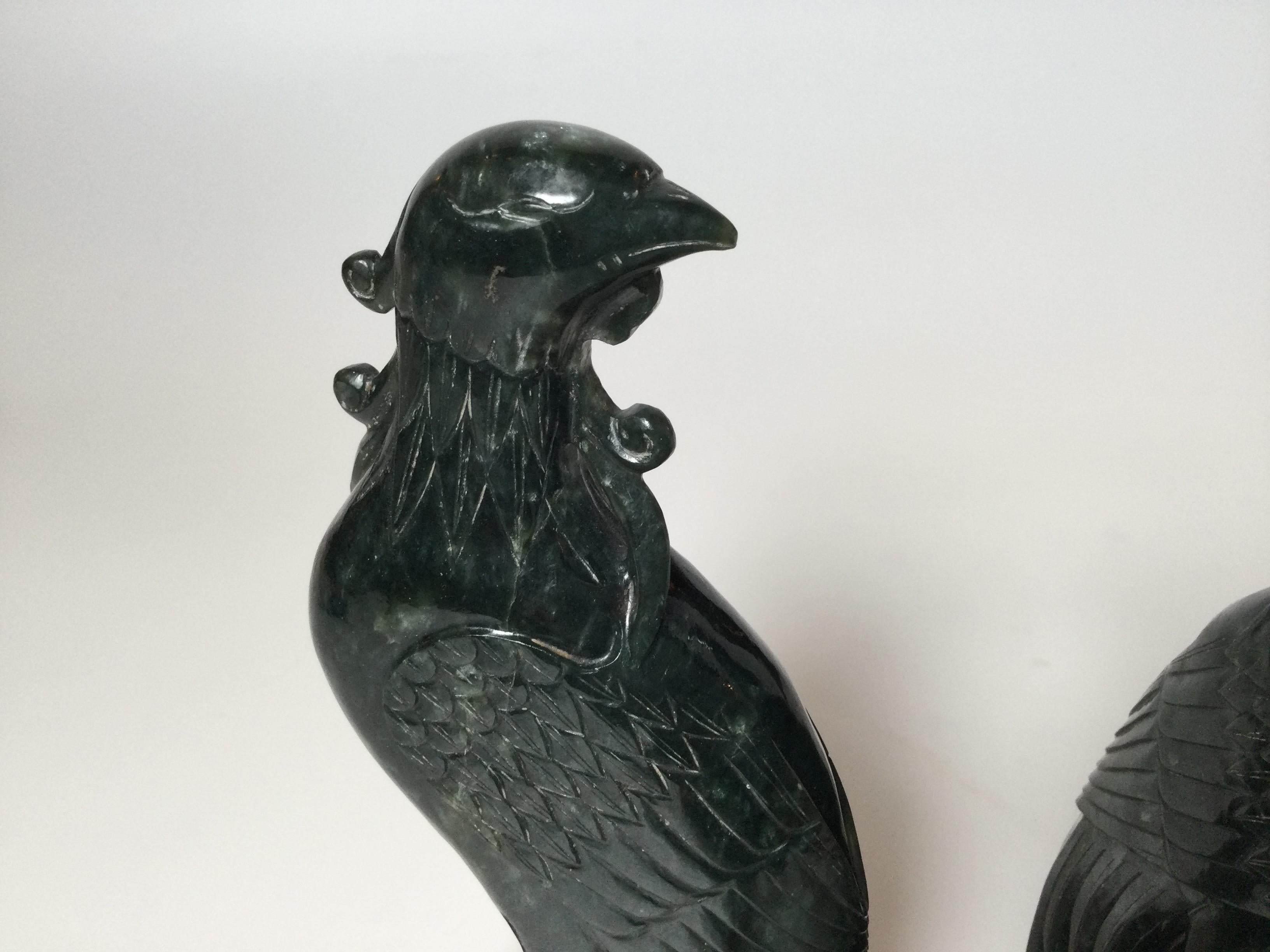 Pair of Hand Carved Spinach Jade Phoenix Bird Figures with Wood Stands For Sale 1