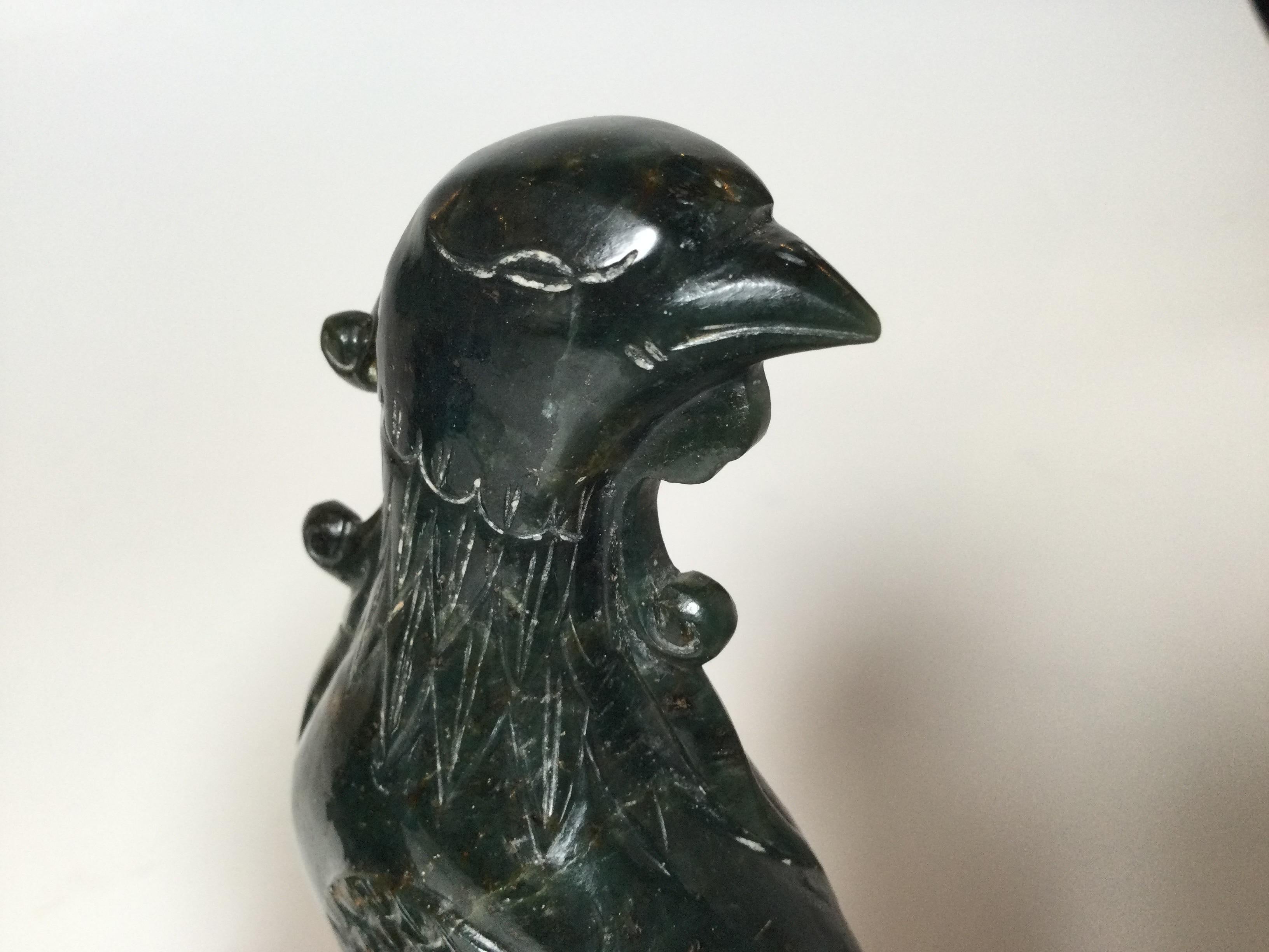 Hand-Carved Pair of Hand Carved Spinach Jade Phoenix Bird Figures with Wood Stands For Sale