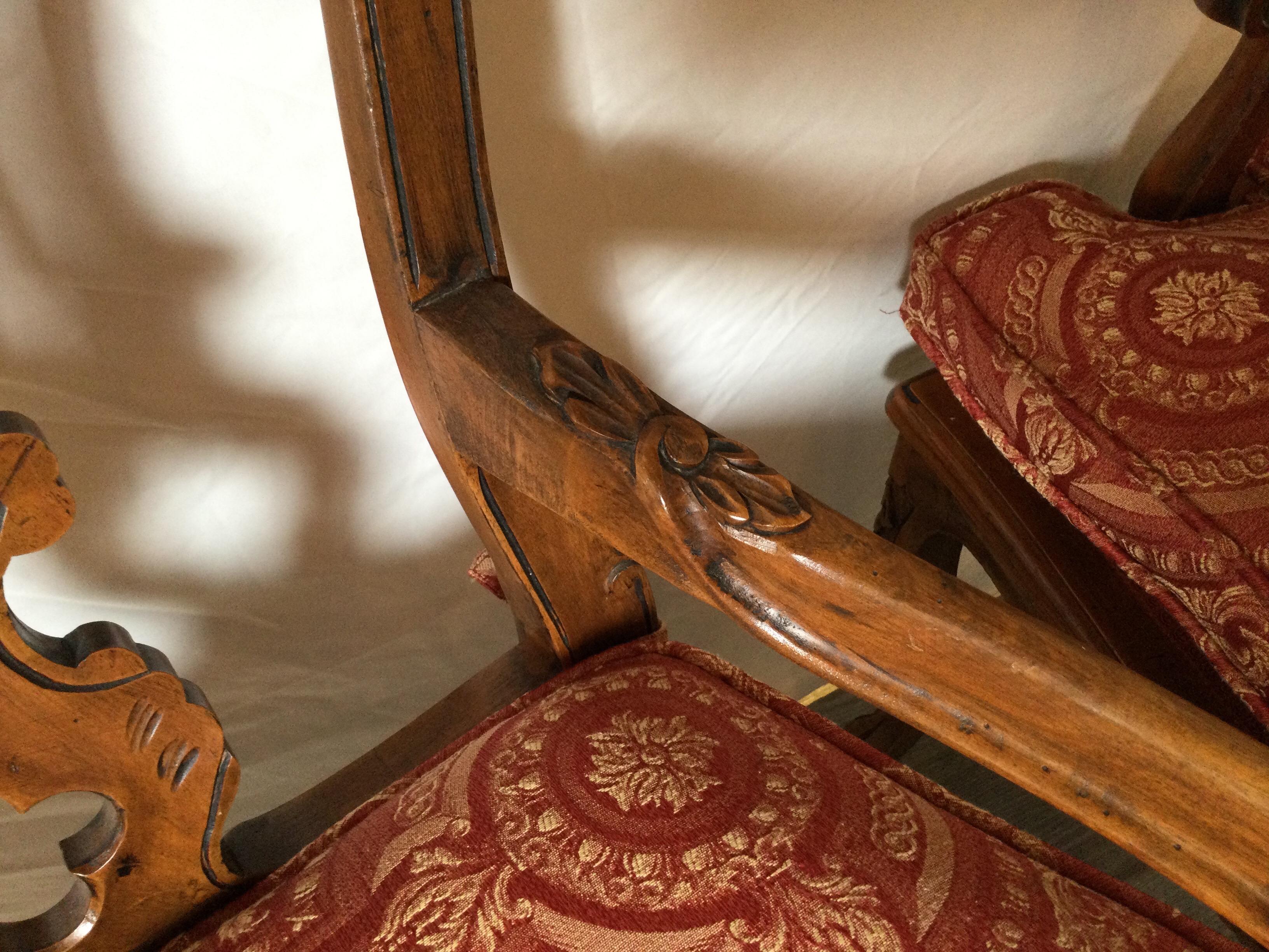 Pair of Hand Carved Walnut Italian Provincial Arm Chairs, Circa 1900 5