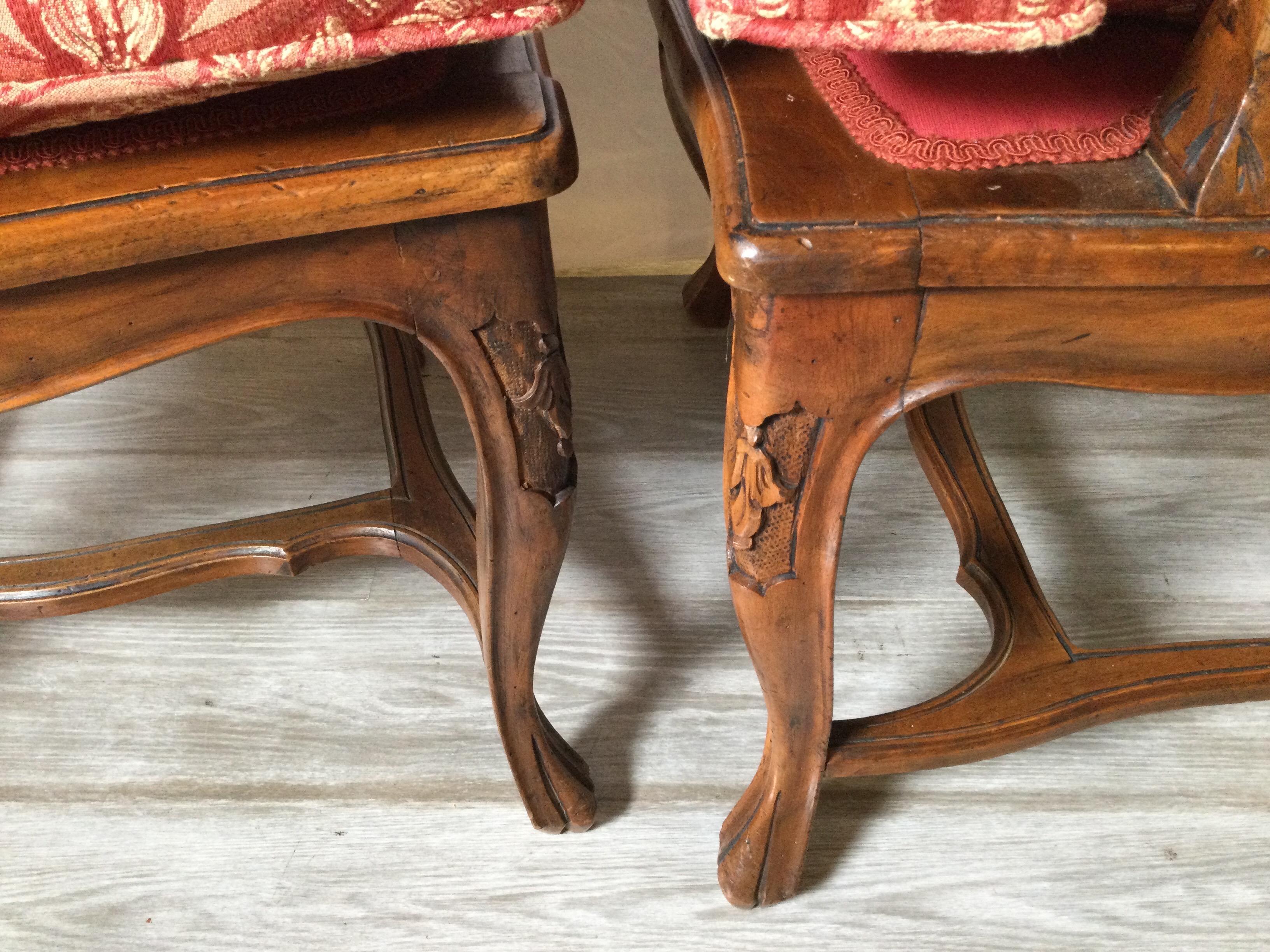 Pair of Hand Carved Walnut Italian Provincial Arm Chairs, Circa 1900 6