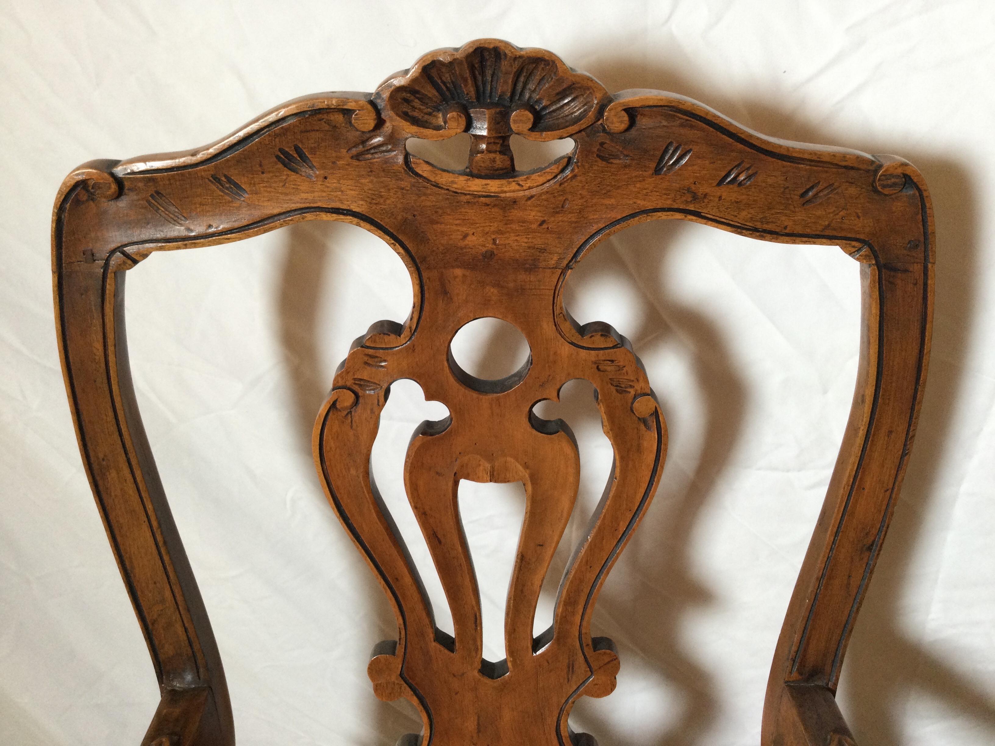 Hand-Carved Pair of Hand Carved Walnut Italian Provincial Arm Chairs, Circa 1900