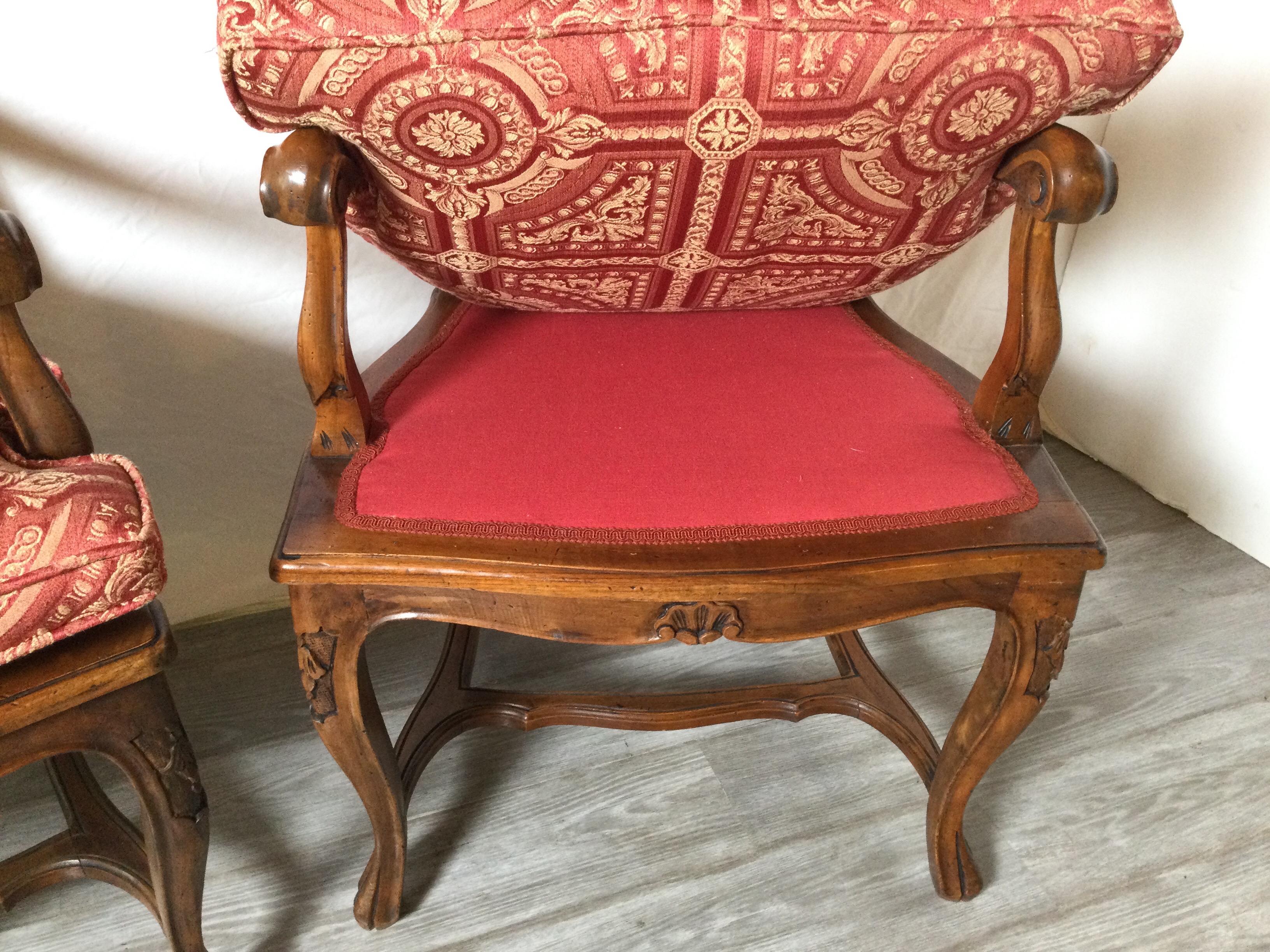 Pair of Hand Carved Walnut Italian Provincial Arm Chairs, Circa 1900 In Excellent Condition In Lambertville, NJ