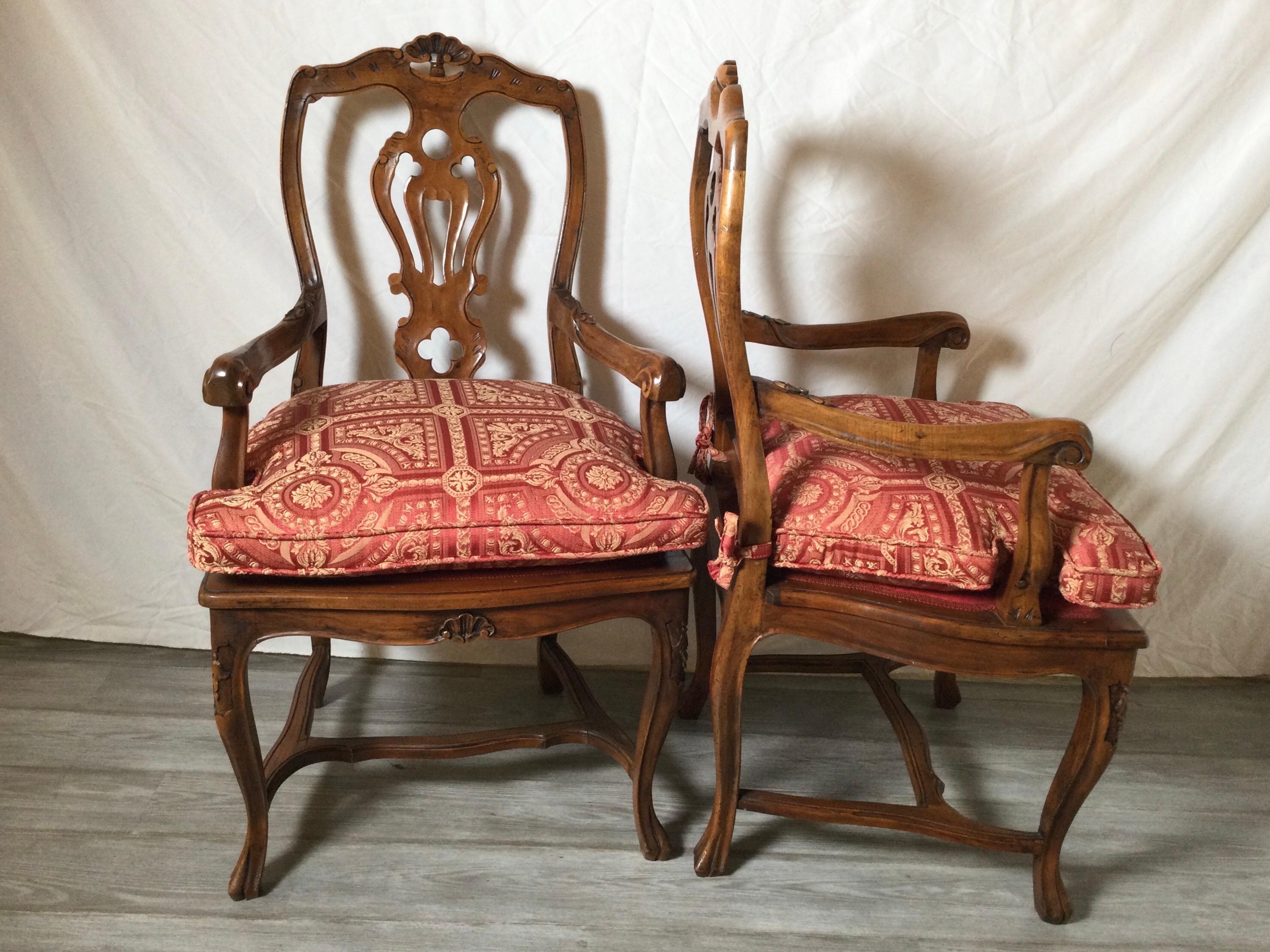 Early 20th Century Pair of Hand Carved Walnut Italian Provincial Arm Chairs, Circa 1900