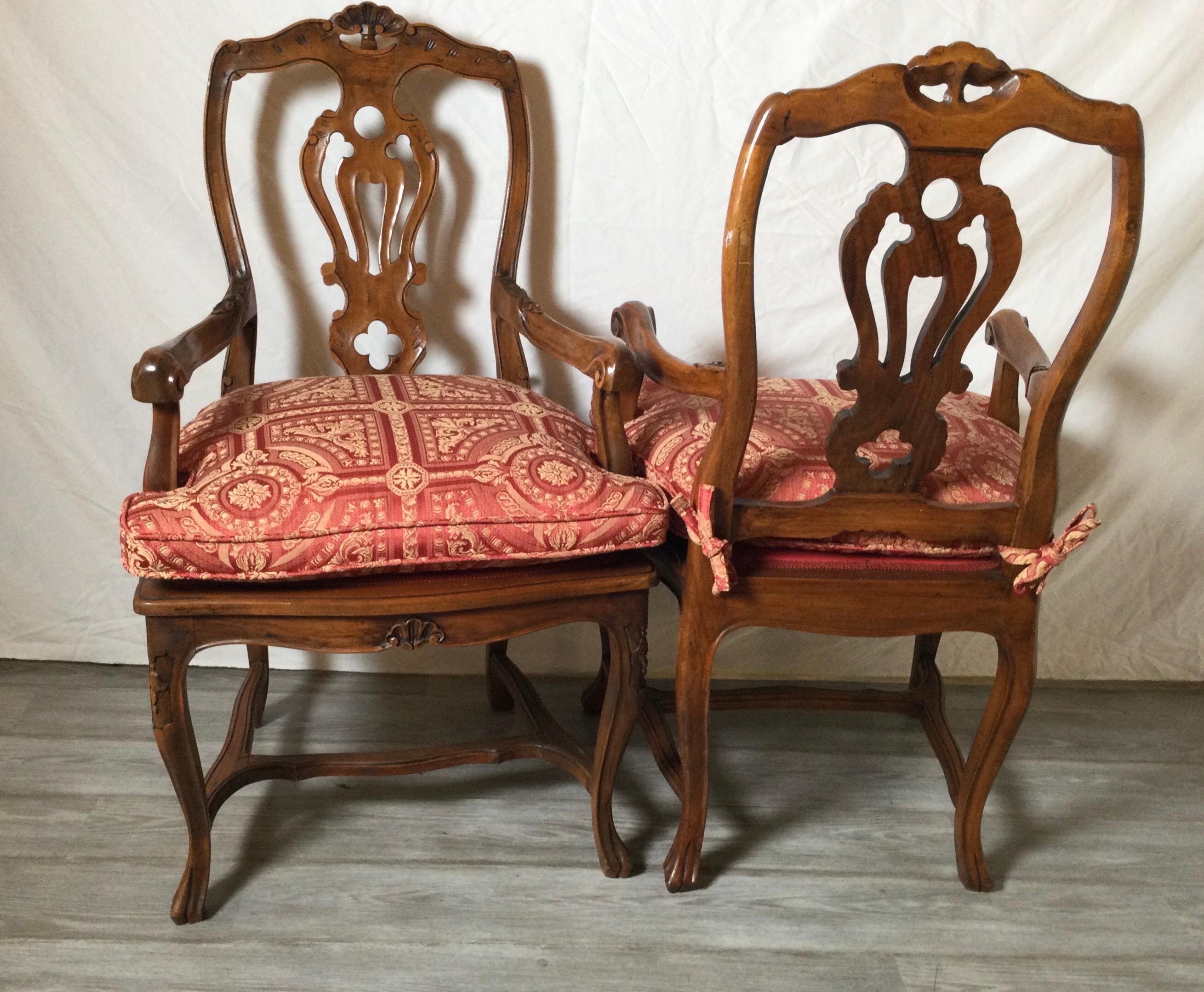 Pair of Hand Carved Walnut Italian Provincial Arm Chairs, Circa 1900 1