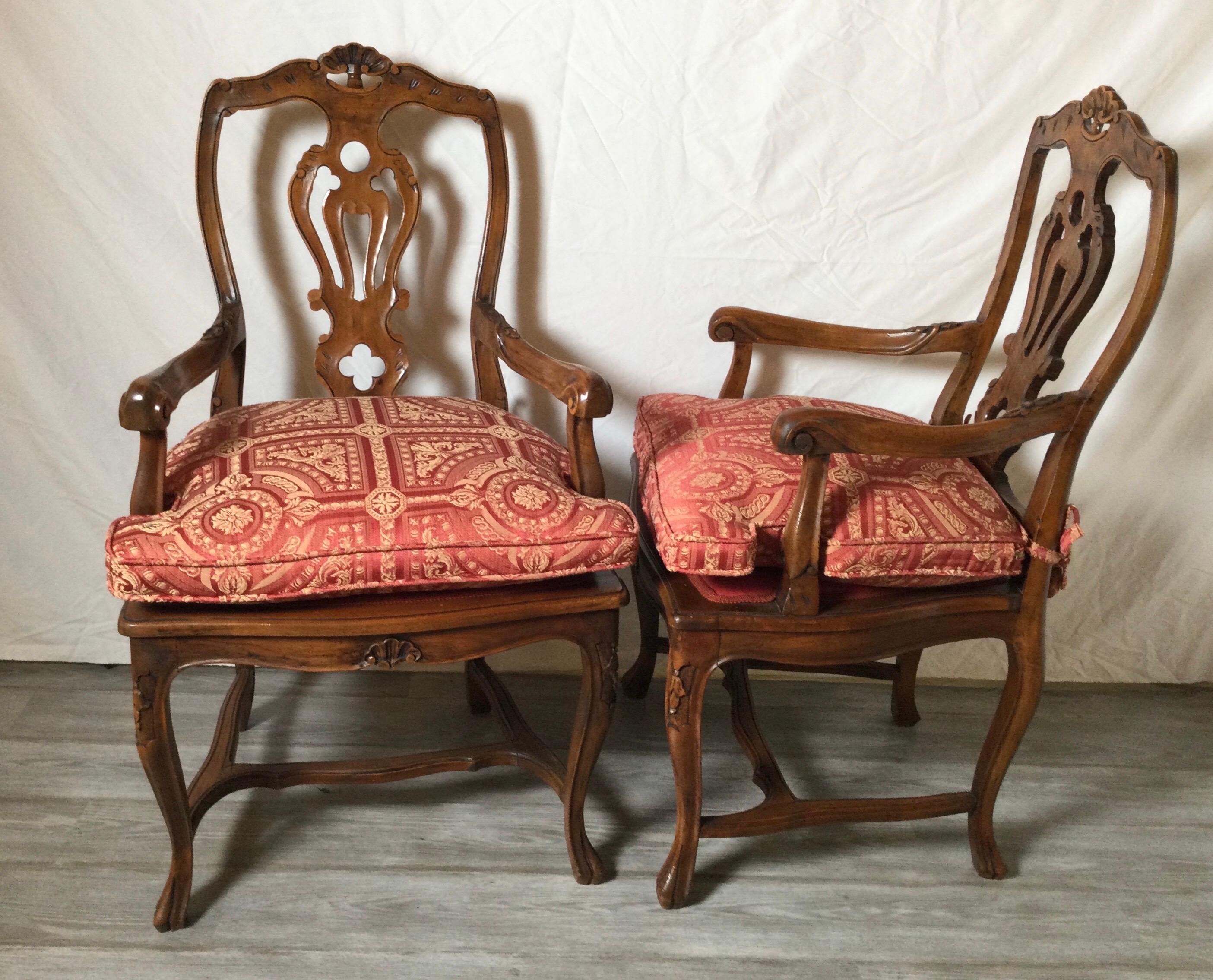 Pair of Hand Carved Walnut Italian Provincial Arm Chairs, Circa 1900 2