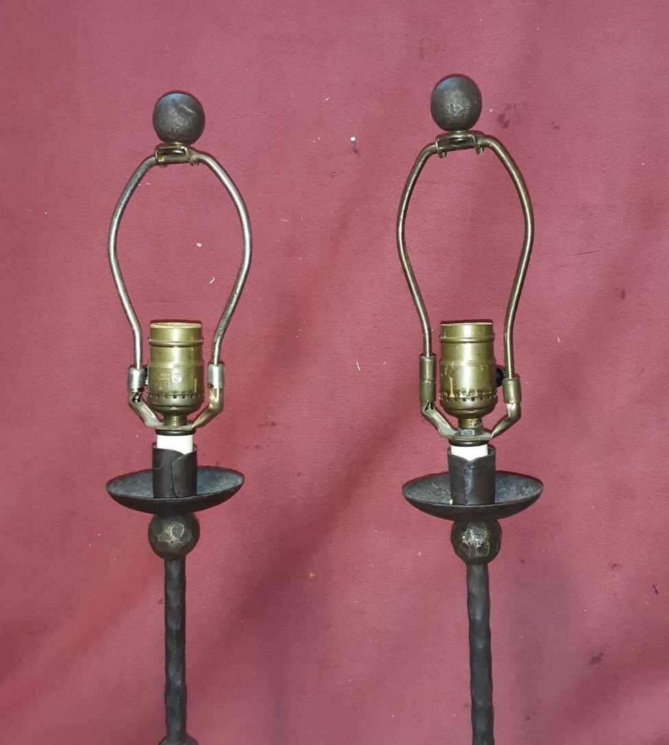 Brutalist Pair of Hand Forged Iron Giacometti Style Lamps