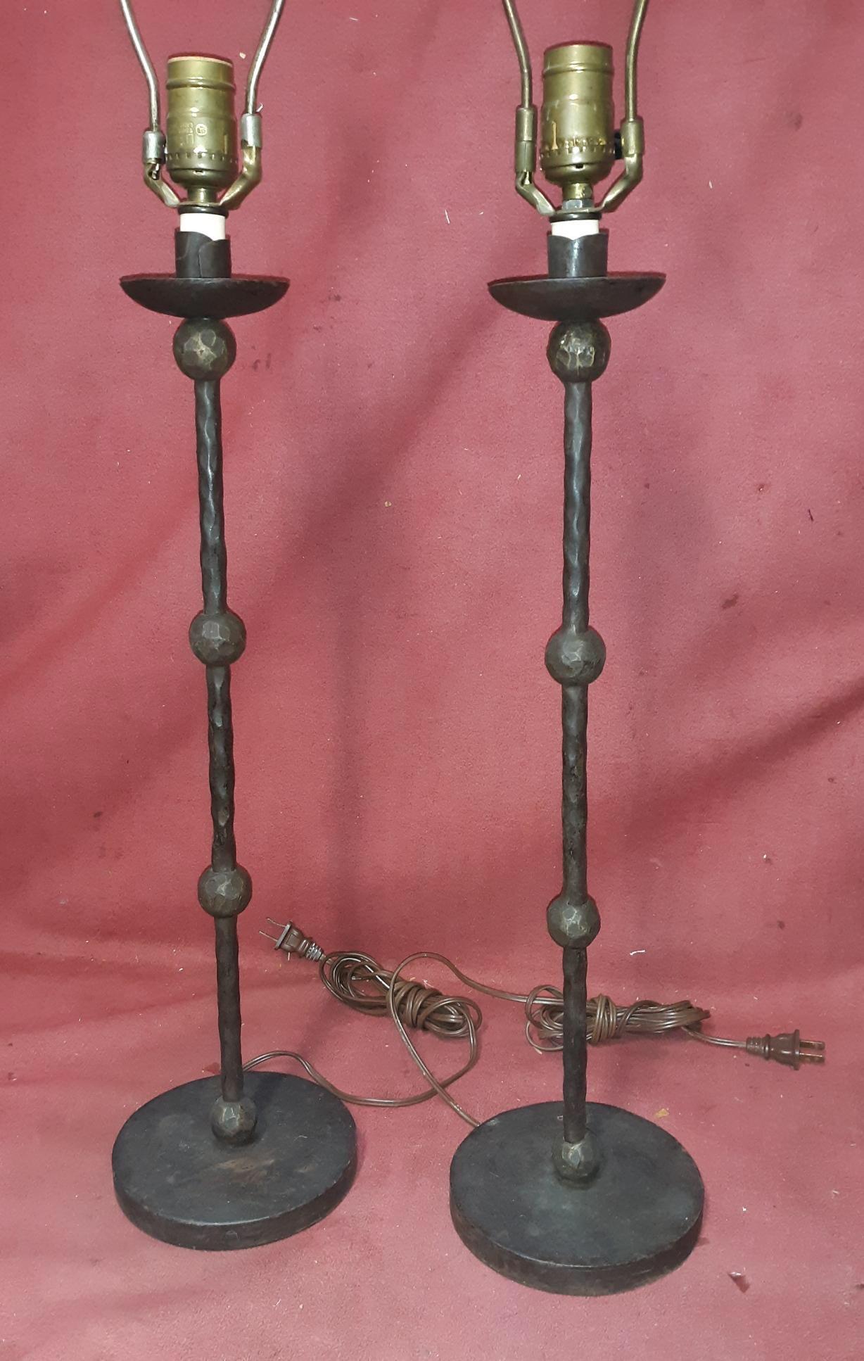 European Pair of Hand Forged Iron Giacometti Style Lamps